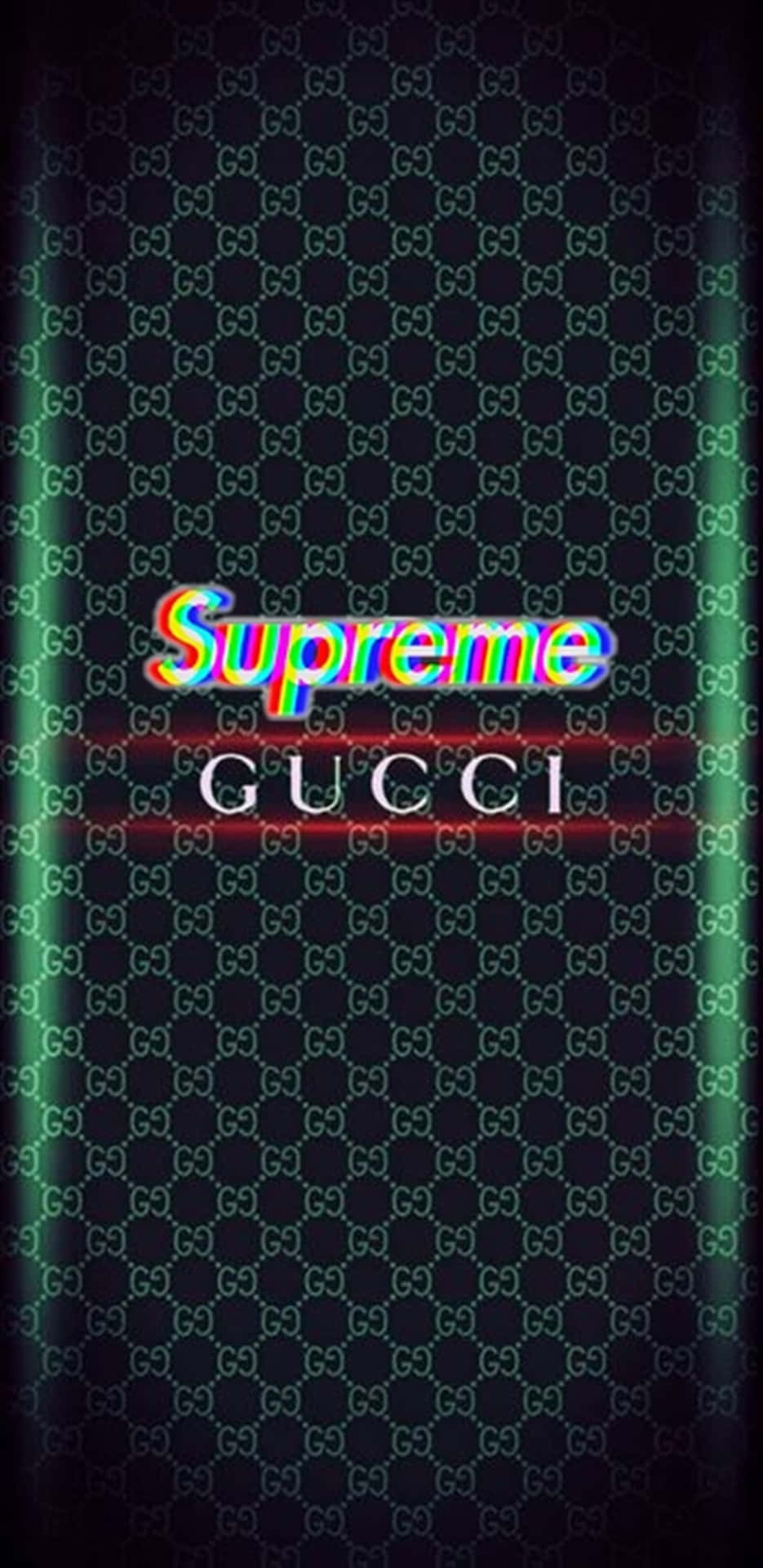 Gucci字母組合背景，帶有霓虹綠色條和帶有故障效果的Supreme和Gucci標誌。