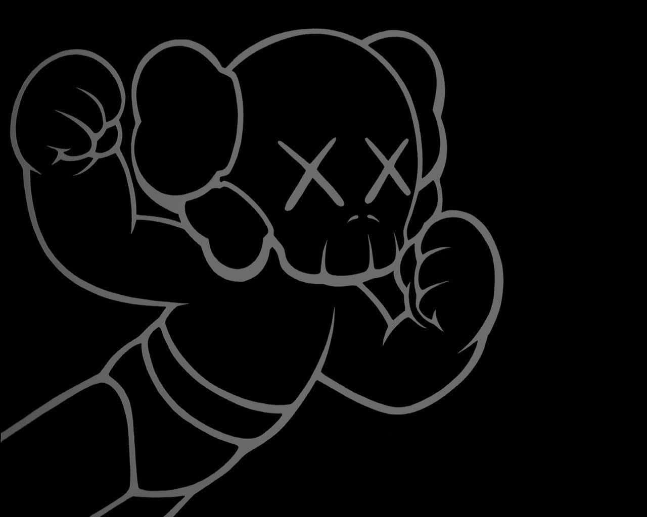 街頭藝術家 KAWS 為城市景觀注入鮮豔色彩 壁紙 — 一幅極簡灰色線條畫，描繪一隻風格化的熊，帶有X形眼睛和舉起的拳頭，背景為黑色。