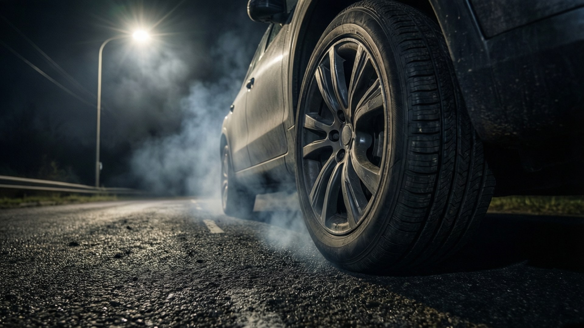 街頭輪胎光效 壁紙 — 夜晚，一輛汽車的輪胎在單一街燈下的濕滑路面上戲劇性地冒煙。