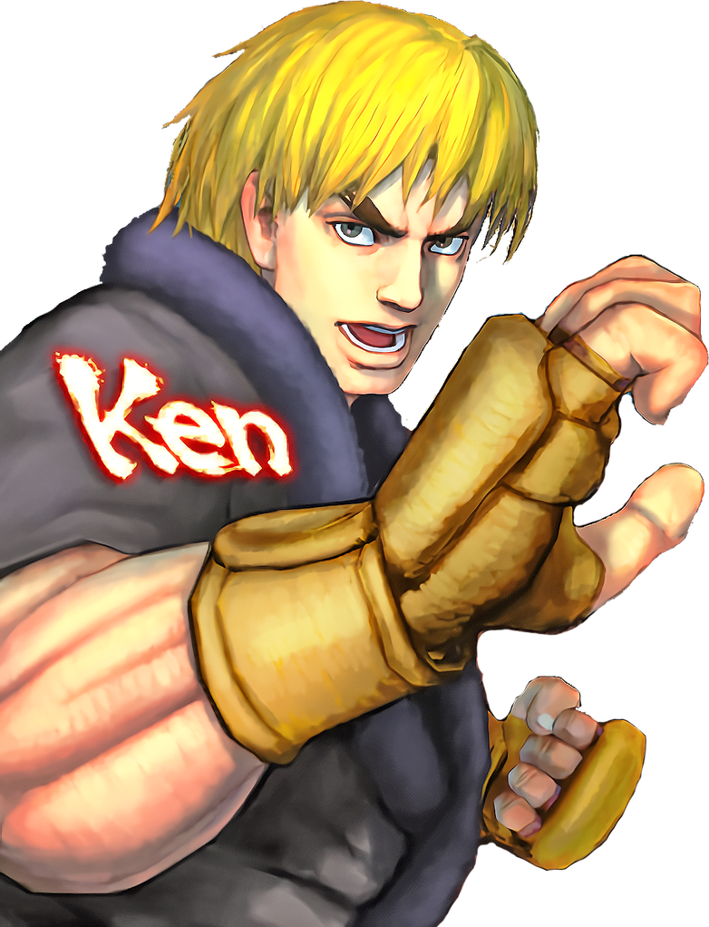 街頭霸王 肯·馬斯特斯 準備戰鬥 壁紙 — 一個兇猛的金髮戰士名叫Ken，以戰鬥姿勢站立，外套上有發光的紅色名字。