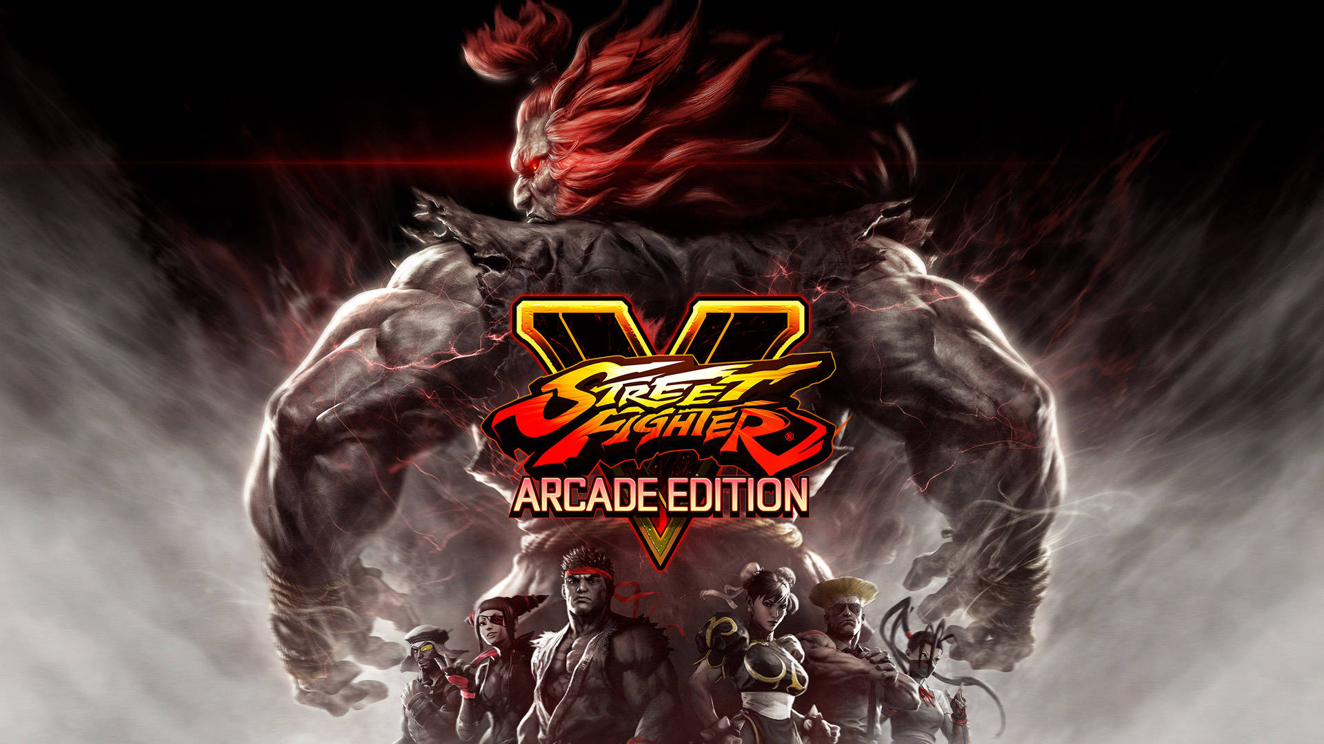 帶有惡魔形象和戰士角色的 Street Fighter V Arcade Edition 標誌。