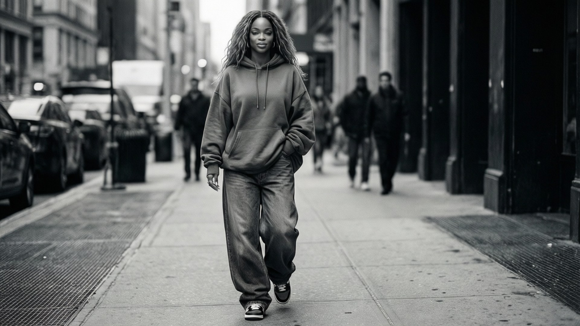 街頭風格 Rihanna 壁紙 — 一位穿著超大連帽衫和褲子的女性，自信地走在城市人行道上，黑白風格。