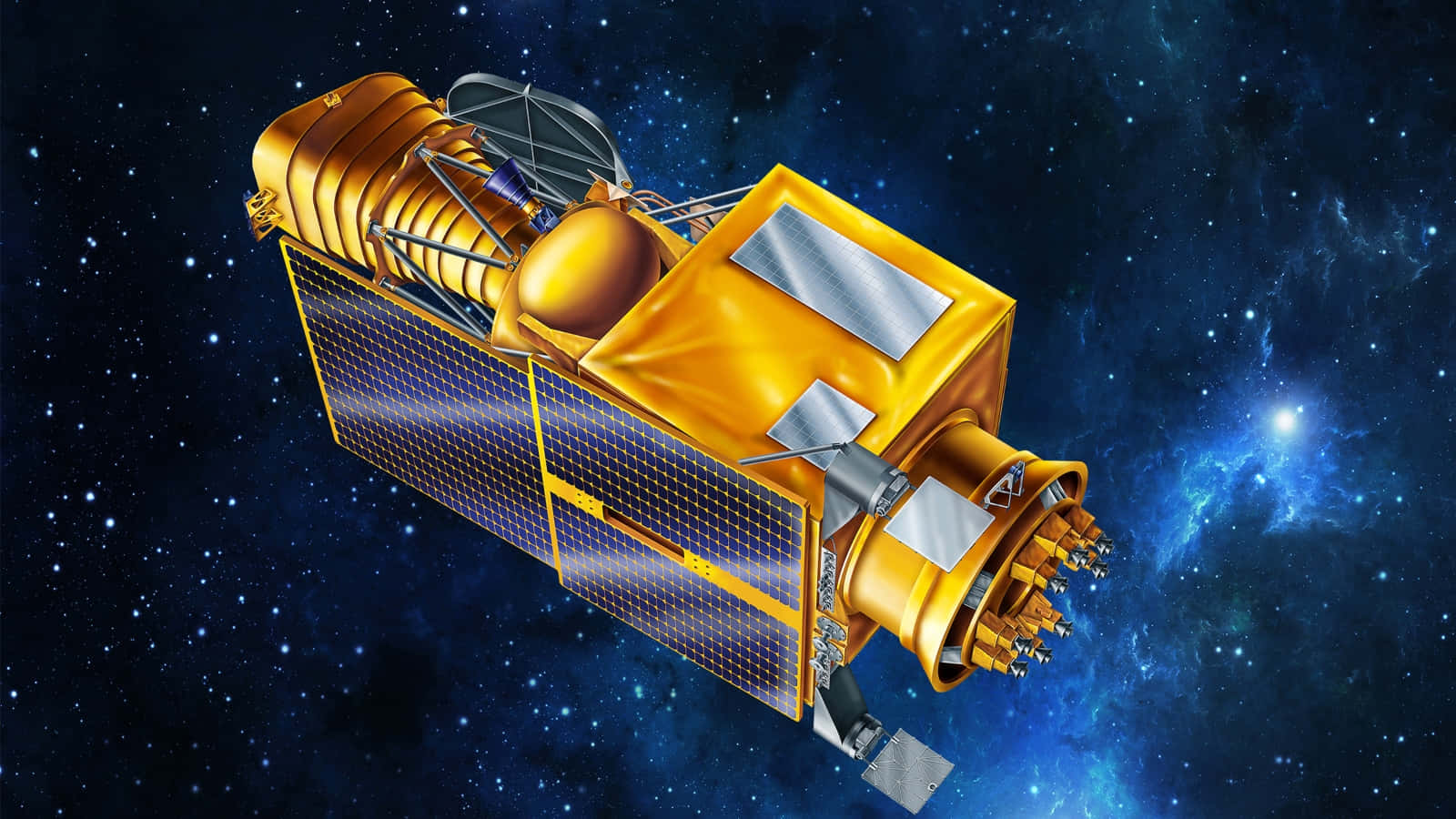 衛星天文攝影 壁紙 — 一枚金色衛星帶有太陽能板，在星光燦爛的宇宙中，於發光的藍色星雲旁邊滑行。