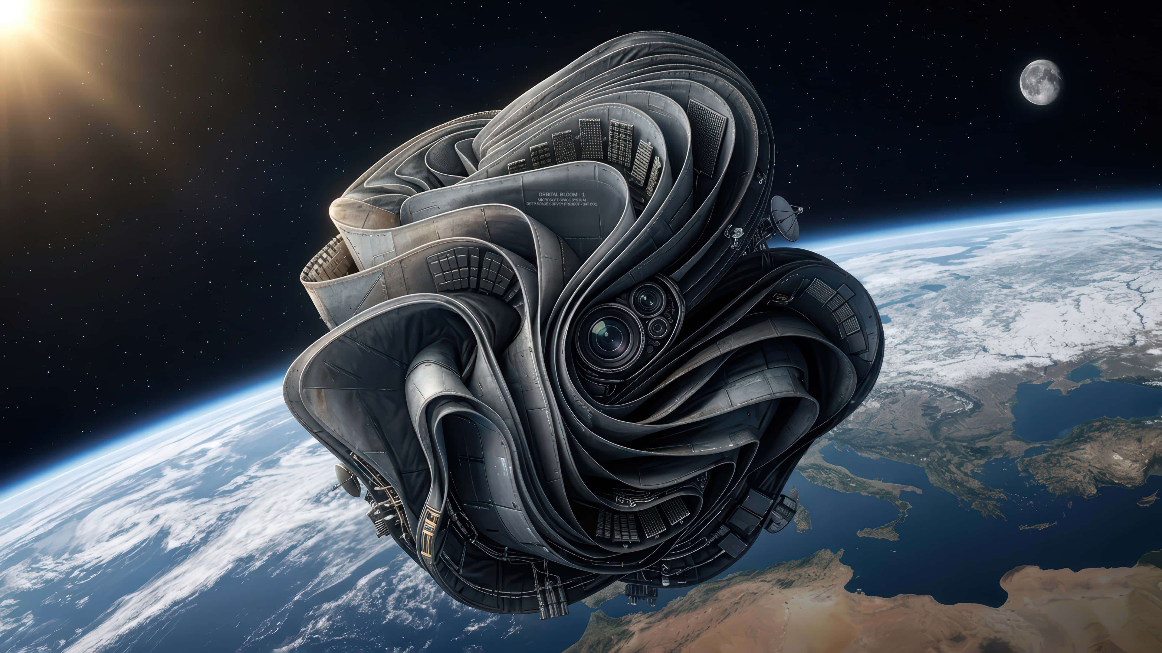 衛星掃描地球光暈模組化桌面壁紙增強版 壁紙 — 一個巨大的螺旋形金屬太空站繞地球運行，月球在星空可見。