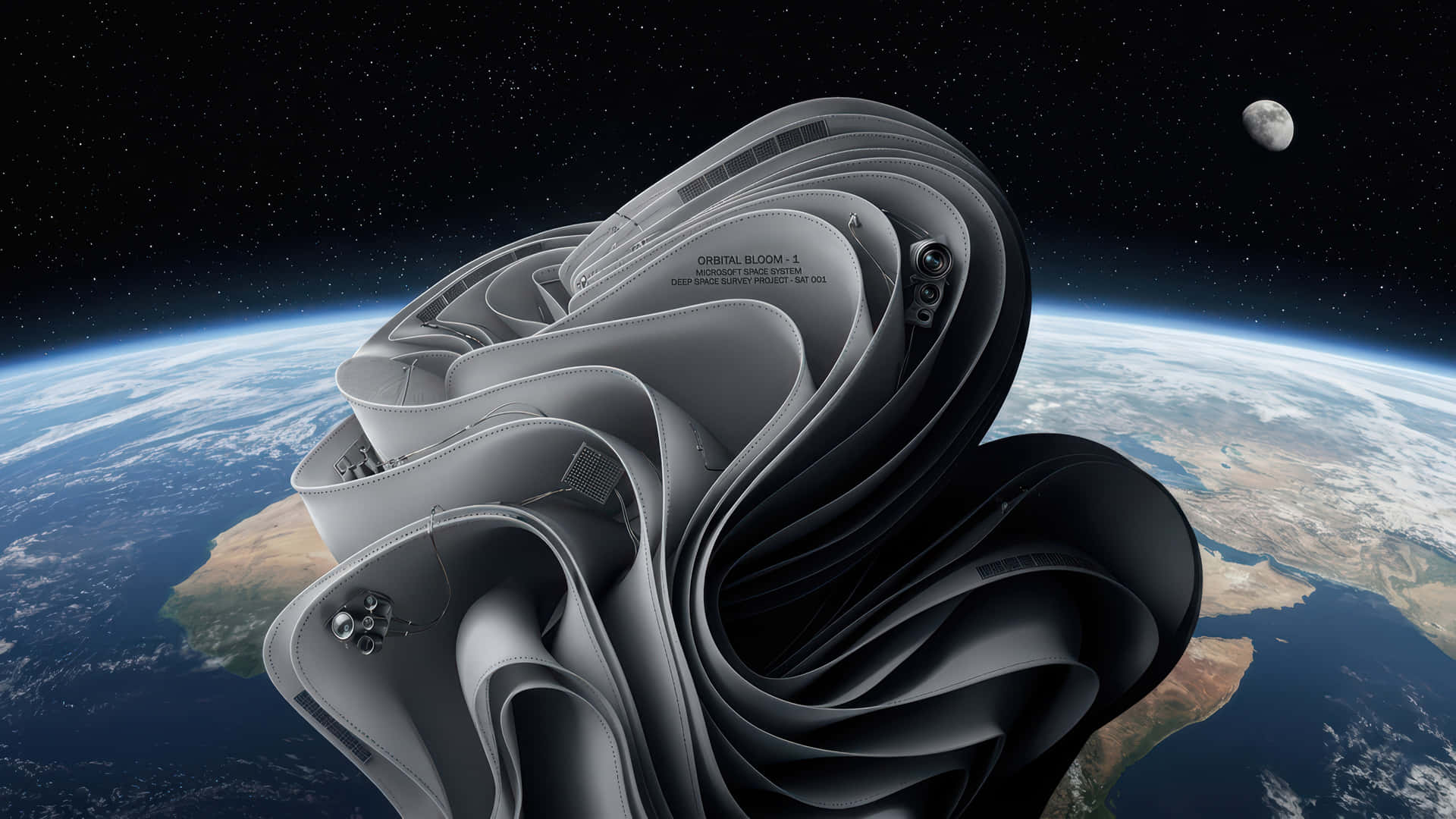 衛星掃描地球與行星模組化桌面壁紙增強版 壁紙 — 一件未來風格的金屬雕塑在地球上空盤旋，月亮在繁星點點的黑色天空中清晰可見。