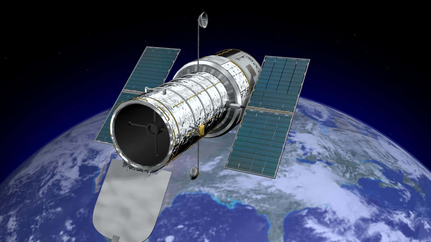 衛星漂浮於地球上方天文學 壁紙 — 哈勃太空望遠鏡在地球軌道上運行，太陽能板展開，襯托著太空的漆黑。