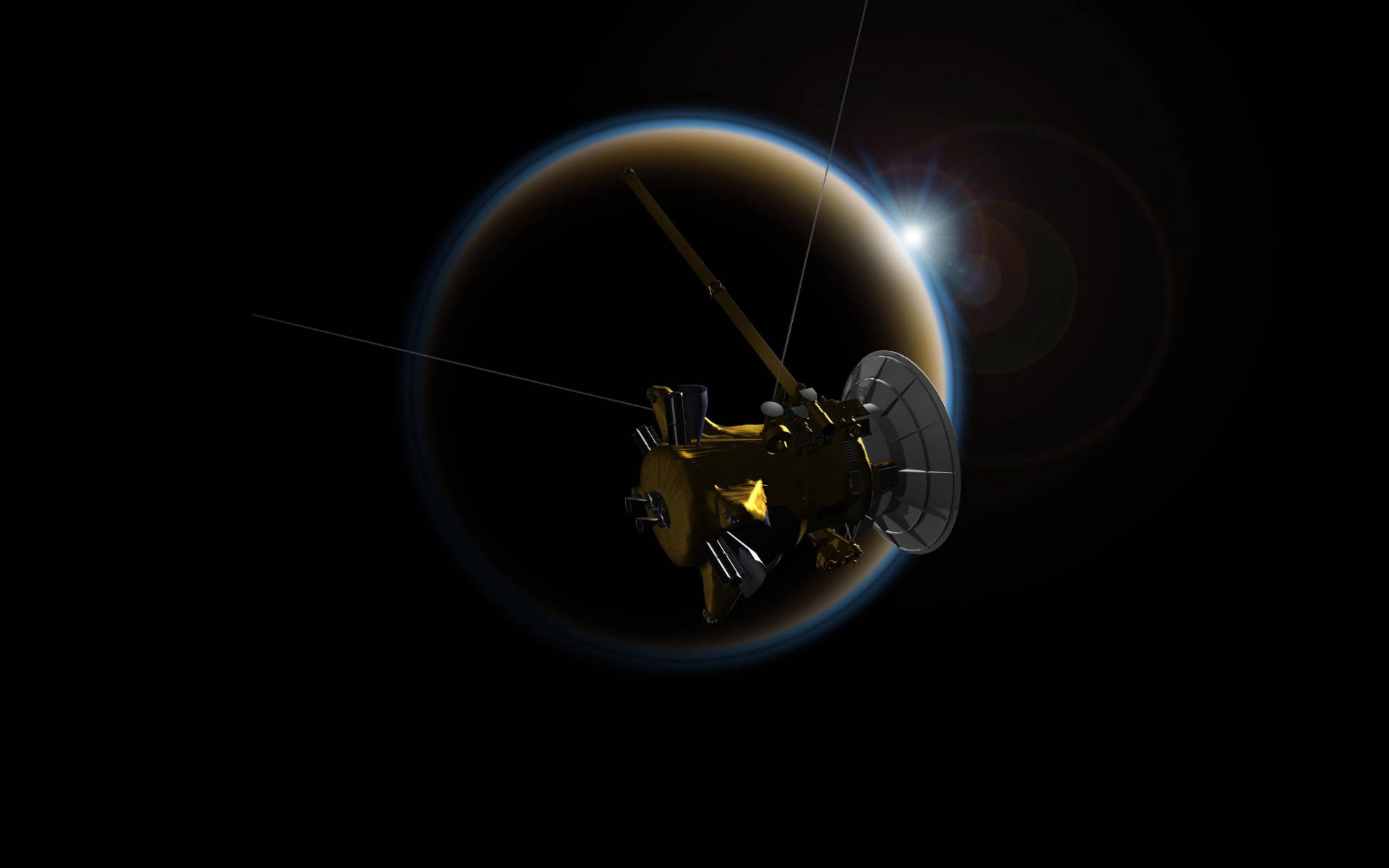 衛星環繞黑色星球 壁紙 — 一艘金色太空船圍繞著一顆帶有發光藍色大氣層的行星運行，背後有太陽耀斑。