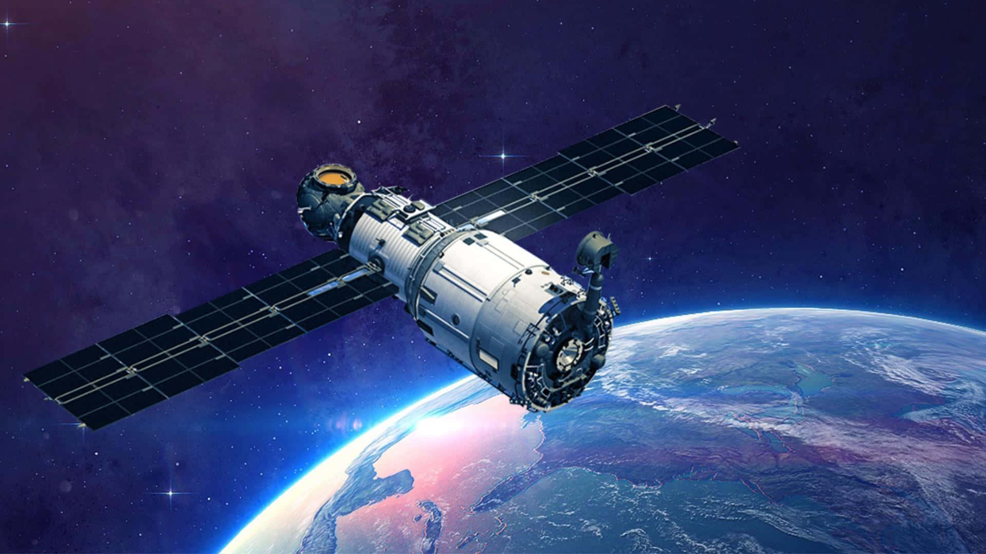 衛星繞地球運行，帶有發光的極光和星空