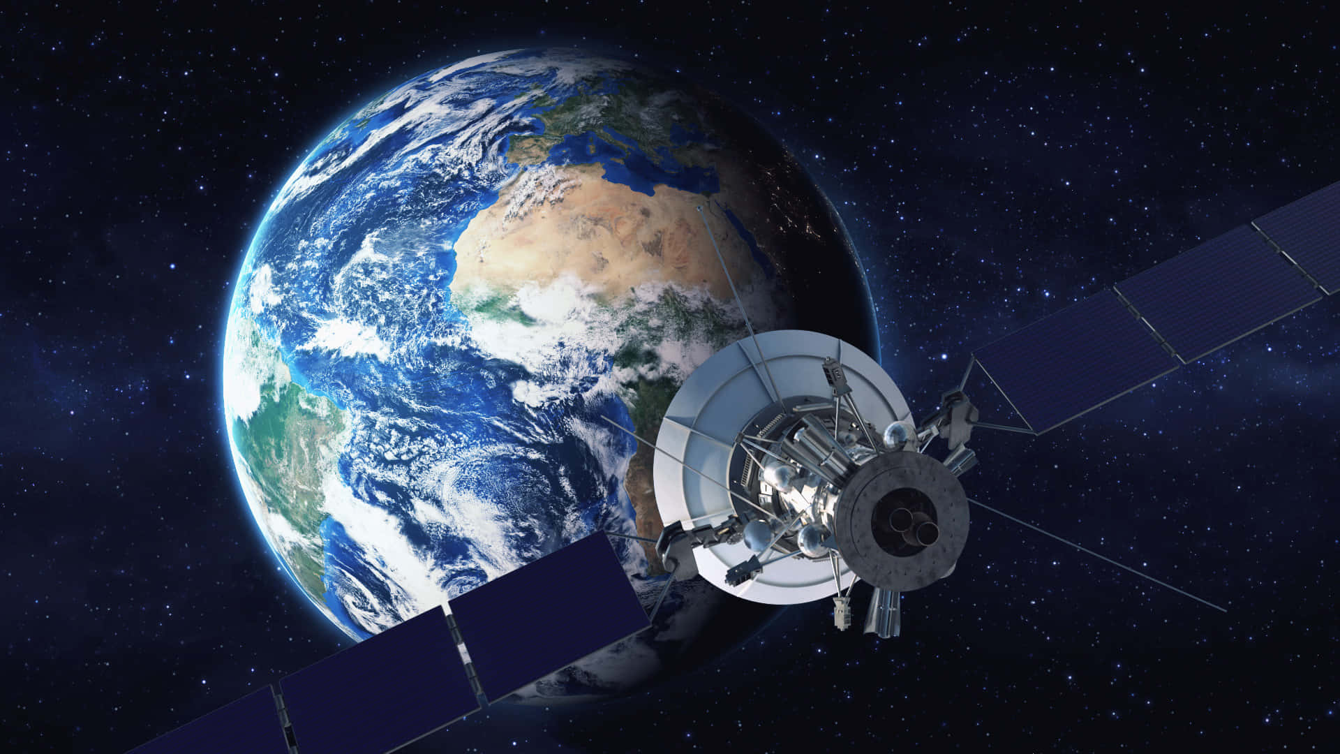 衛星在太空中繞地球運行，星星可見