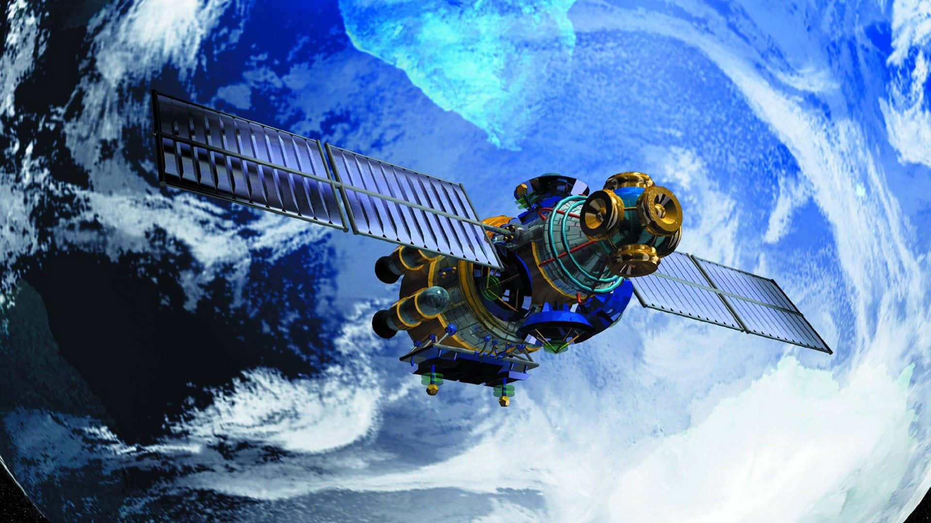 帶有太陽能電池板的衛星繞地球運行，顯示藍色海洋和白色雲層。