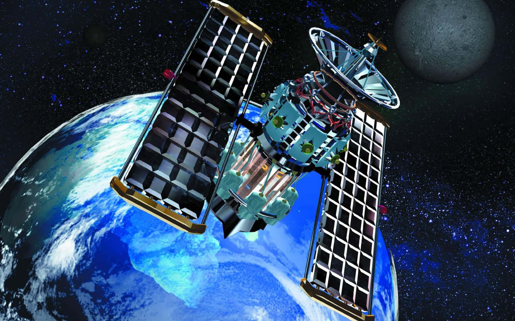 衛星繞地球運行，太空中可見月球和星星