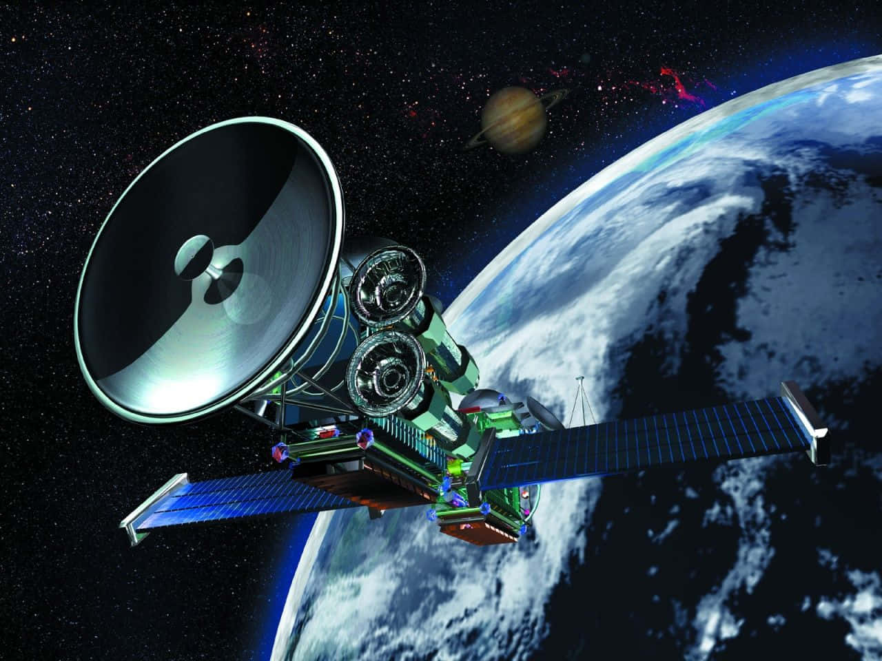 繞地球軌道運行的衛星，遠處有土星。