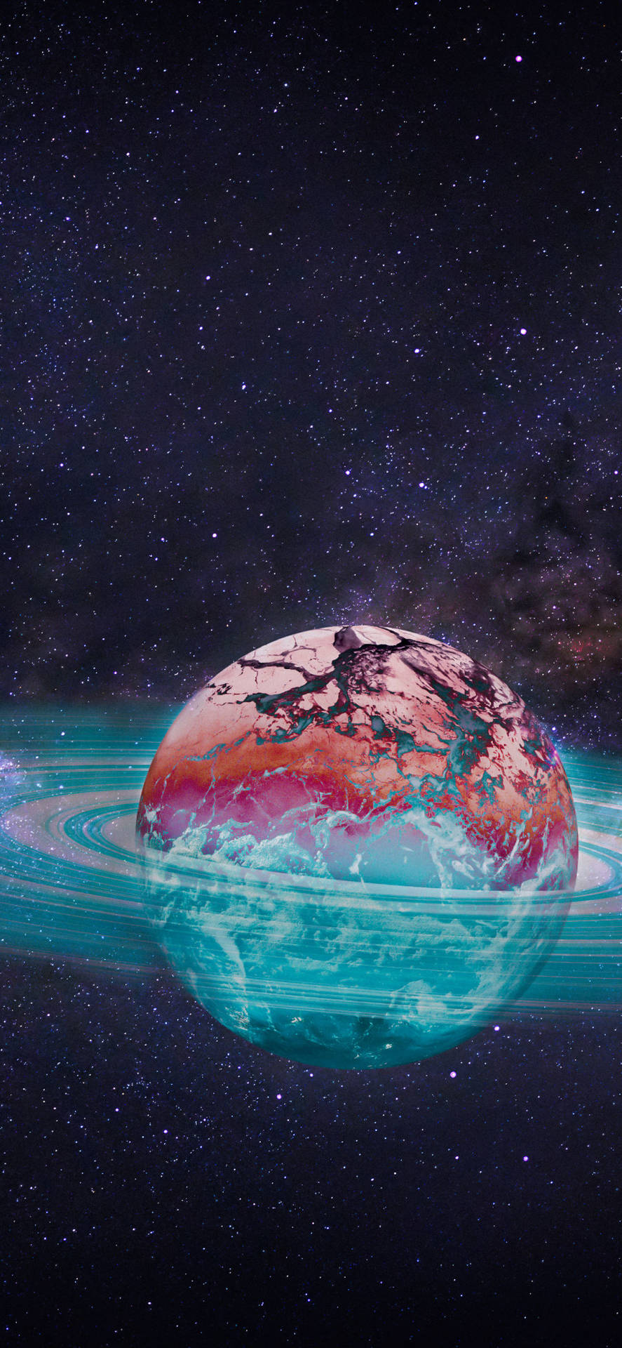 一顆色彩繽紛的行星，帶有發光環，以星空宇宙為背景。