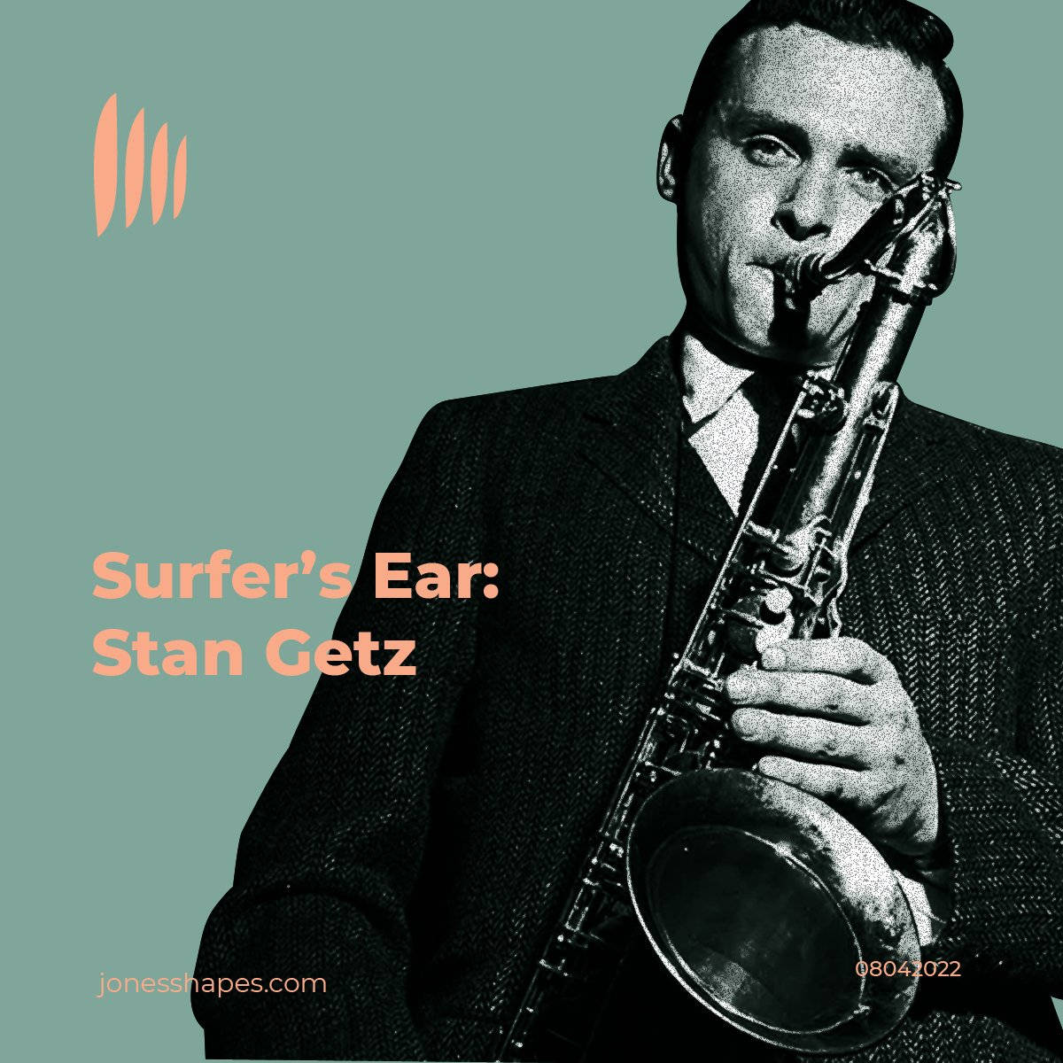 Stan Getz 在復古黑白肖像中演奏色士風，背景為青綠色，文字為桃色。