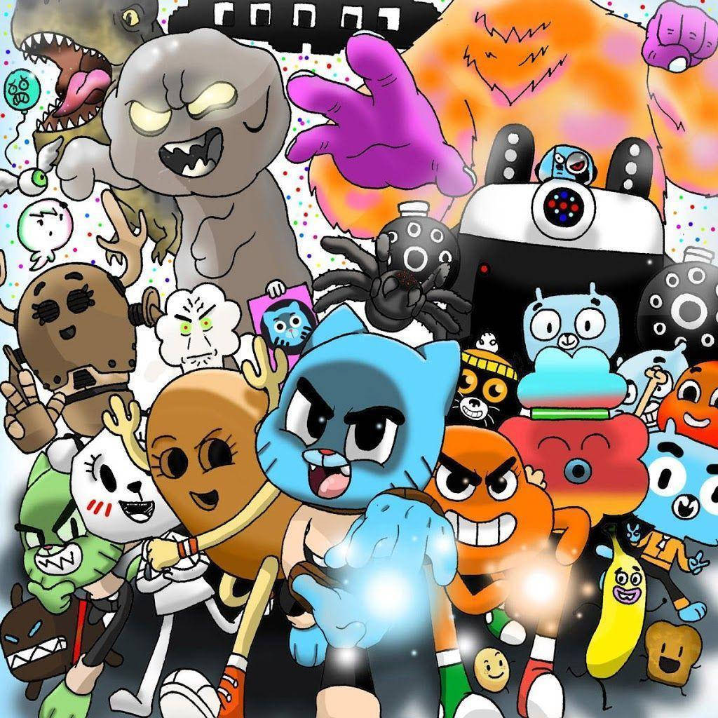 《衝衝衝》暗黑角色 壁紙 — 一幅混亂的卡通拼貼畫，描繪了甘寶角色和怪物在圓點背景上以鮮豔、富有表現力的姿勢出現。