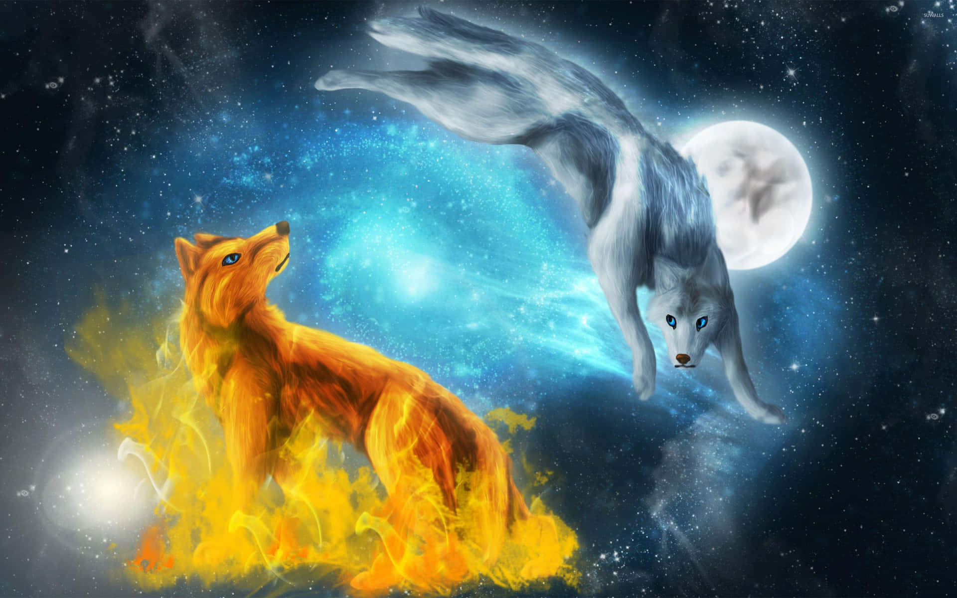 一隻火狐狸和一隻銀狼在星光燦爛的宇宙場景中，伴隨著一輪滿月。