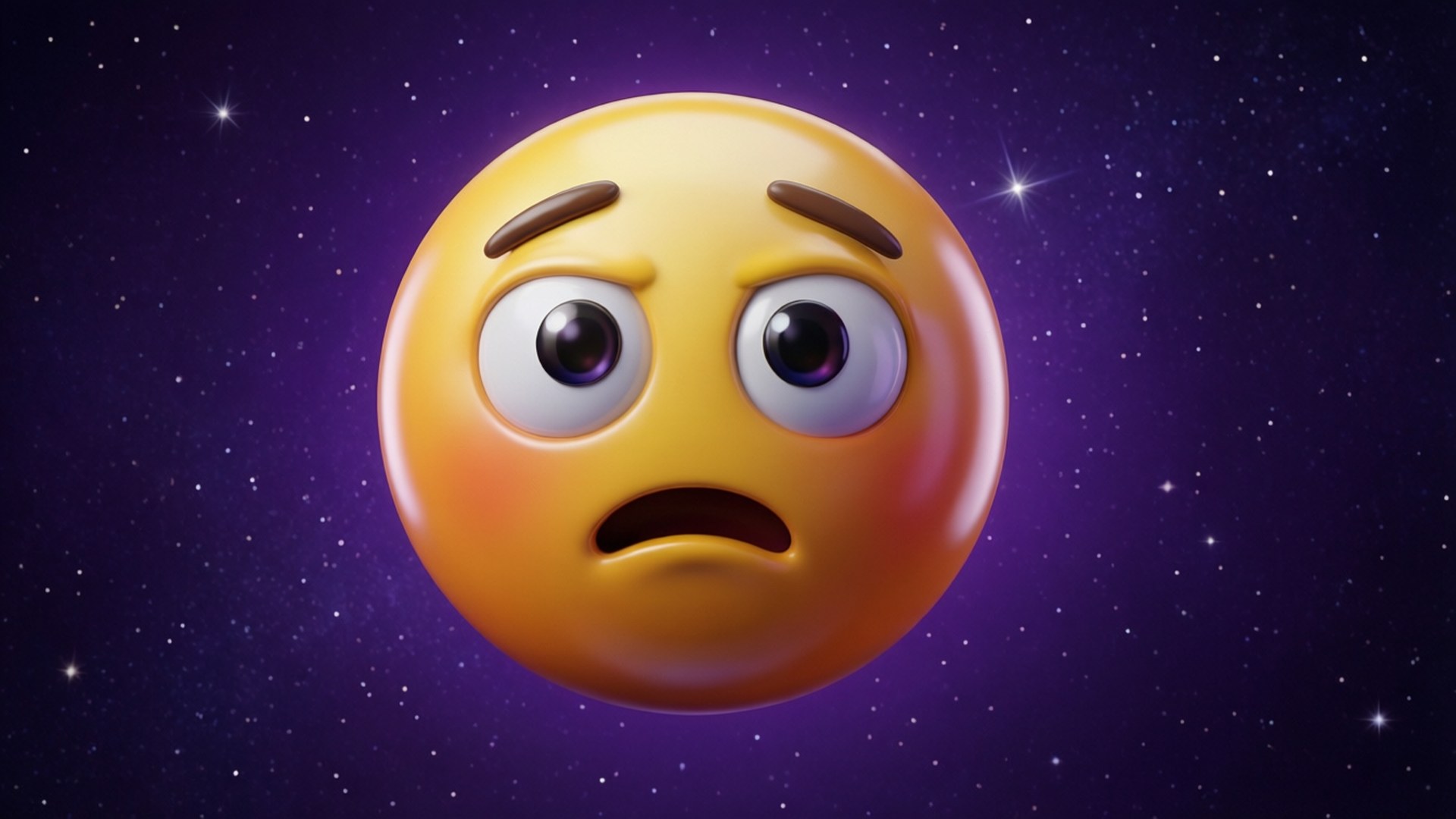 表情符號困境 壁紙 — 一個3D渲染的驚訝表情符號漂浮在星光閃爍的紫色夜空上。