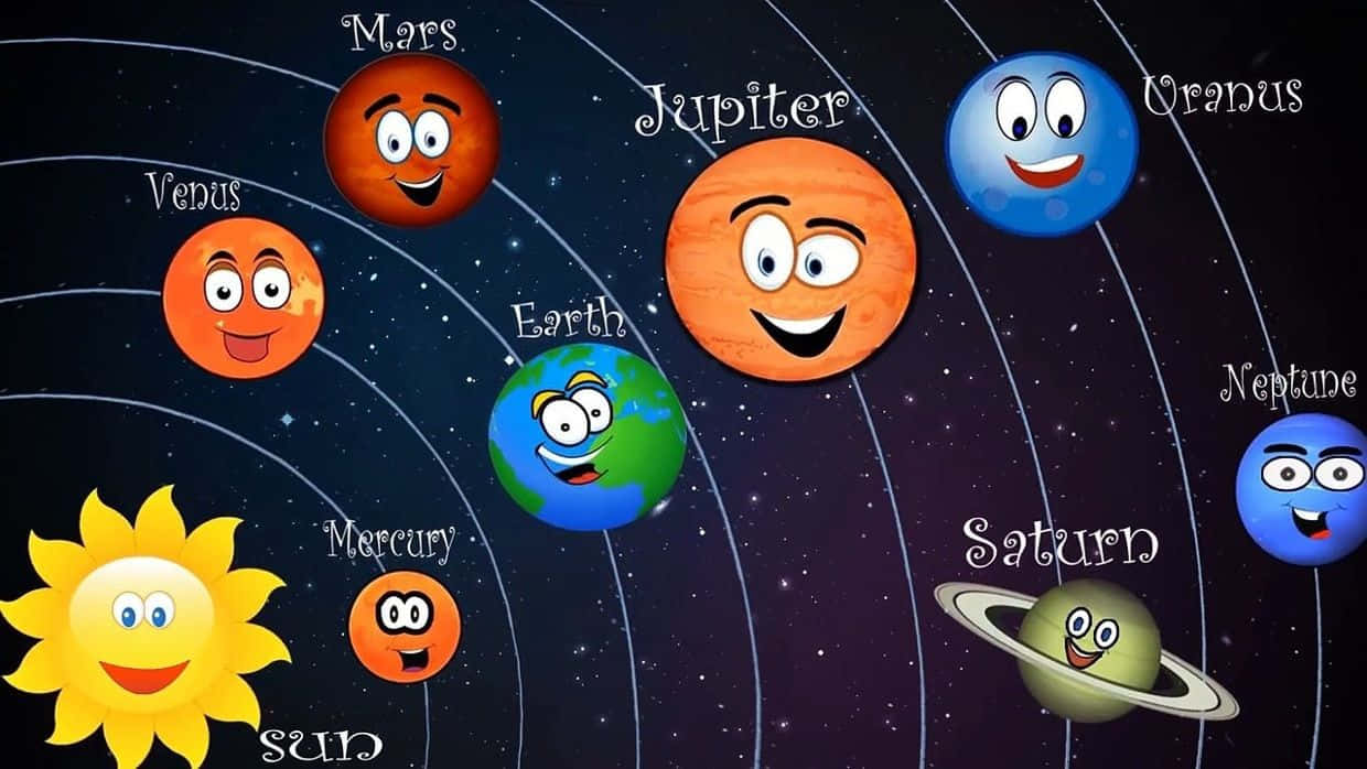微笑的卡通行星在星空下環繞太陽運行。