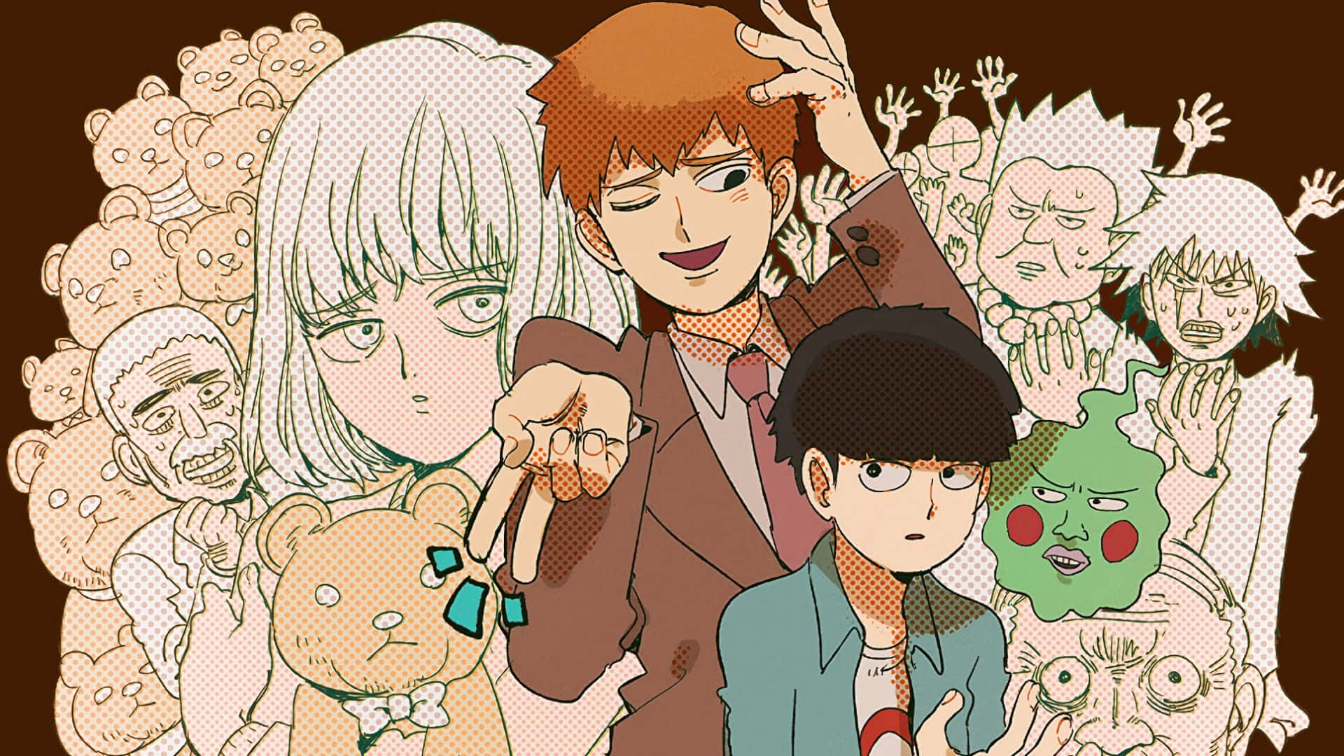 Mob Psycho 桌布 壁紙 — 表情豐富的動漫角色與泰迪熊，以混亂的普普藝術風格搭配半色調點呈現。