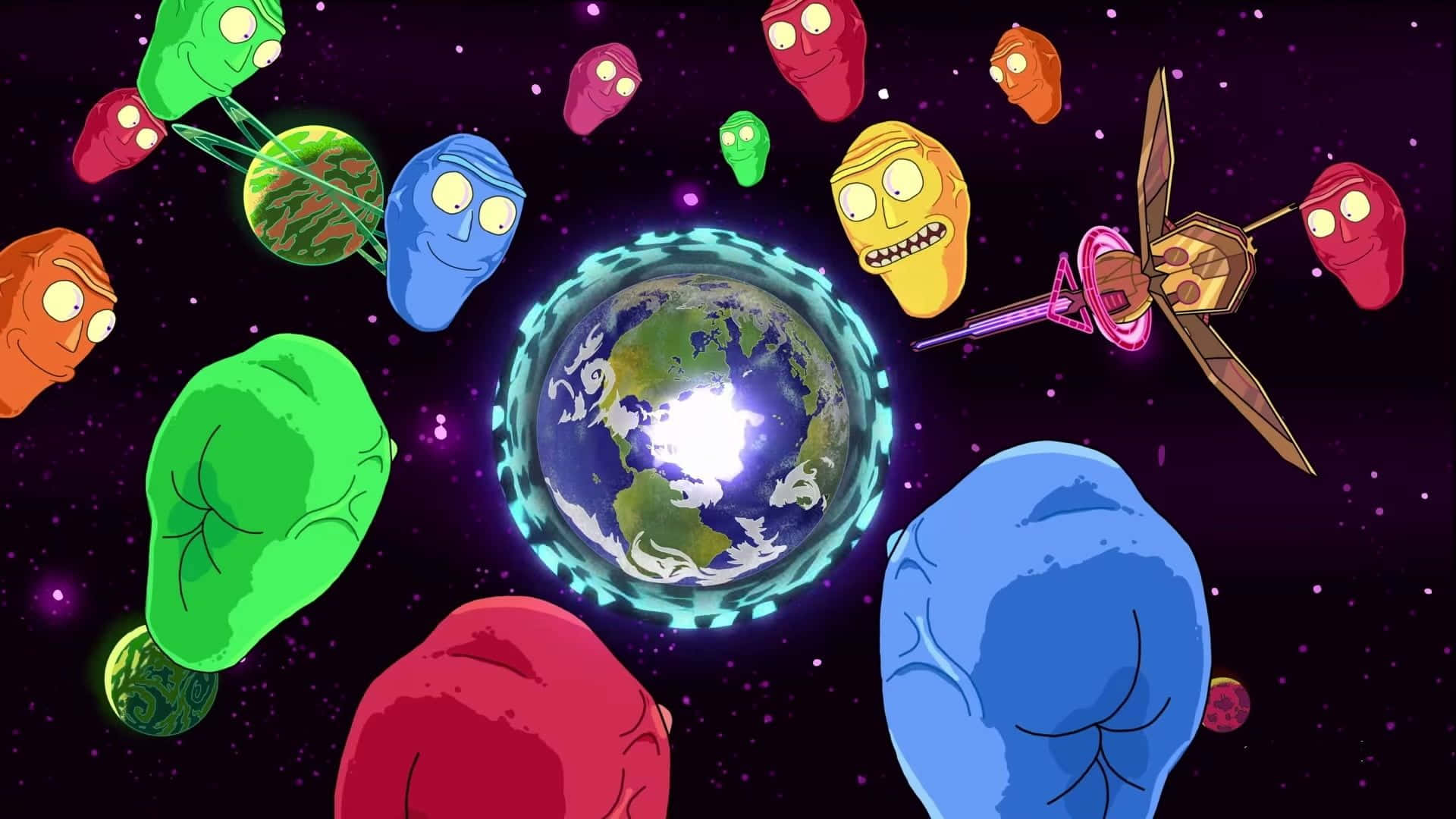 Giant Heads 桌布 壁紙 — 表情豐富的卡通外星人圍繞著發光的地球，在繁星點點的太空場景中運行。