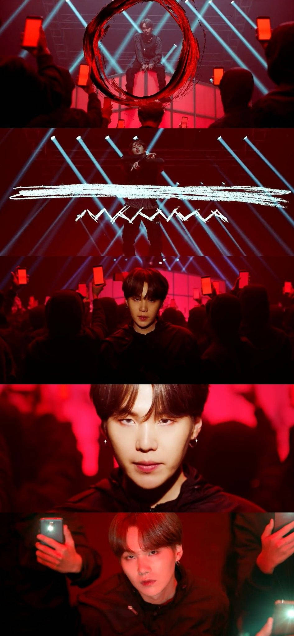 BTS SUGA《Interlude: Shadow》 壁紙 — 表演者在強烈的紅色舞台燈光下吸引人群，發光的手機屏幕照亮了黑暗的場地。