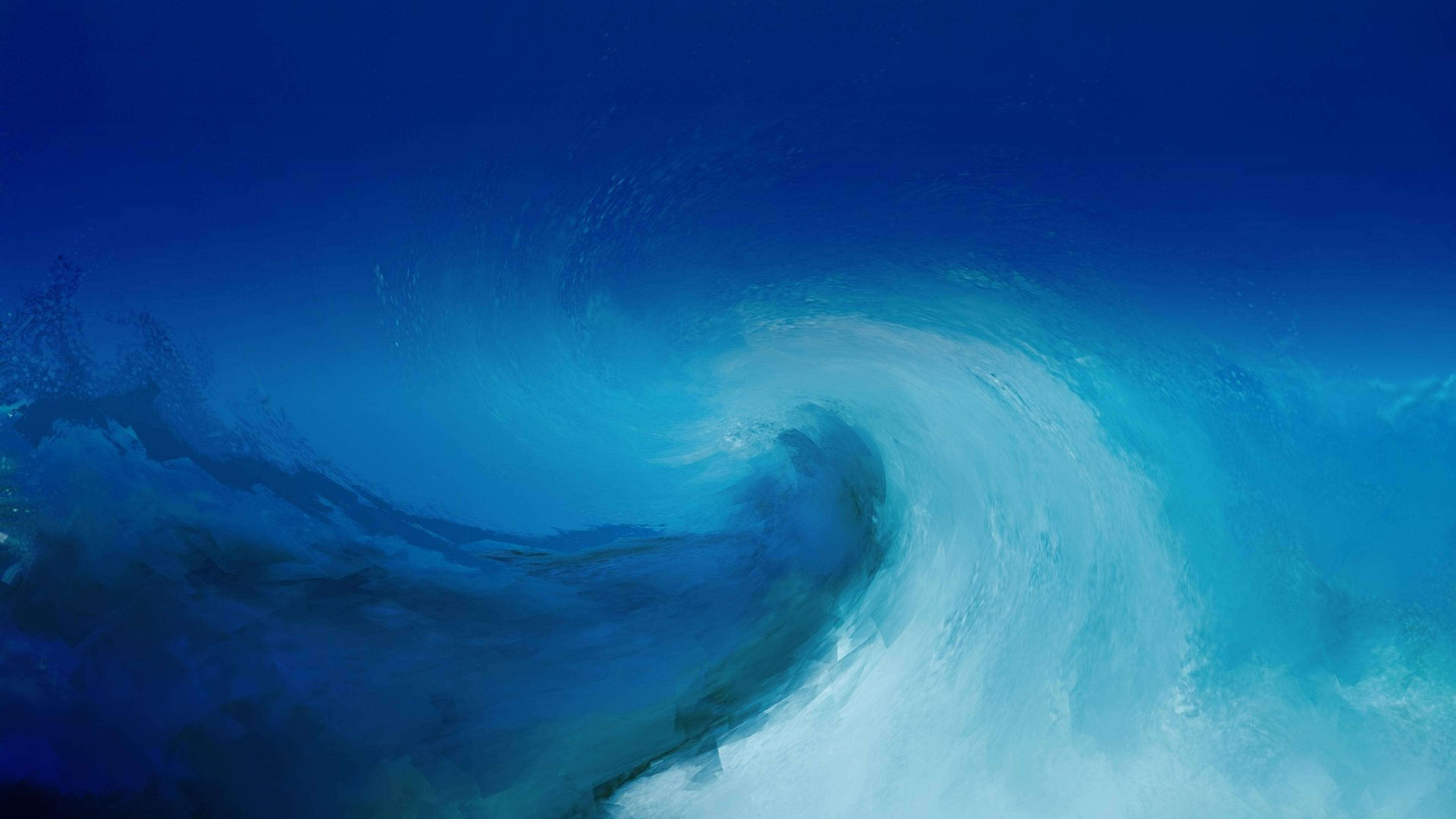 「表達性藍色海浪畫作」 壁紙 — 巨大的海浪捲成完美的桶狀，帶有深藍色的水和泡沫狀的白色泡沫。