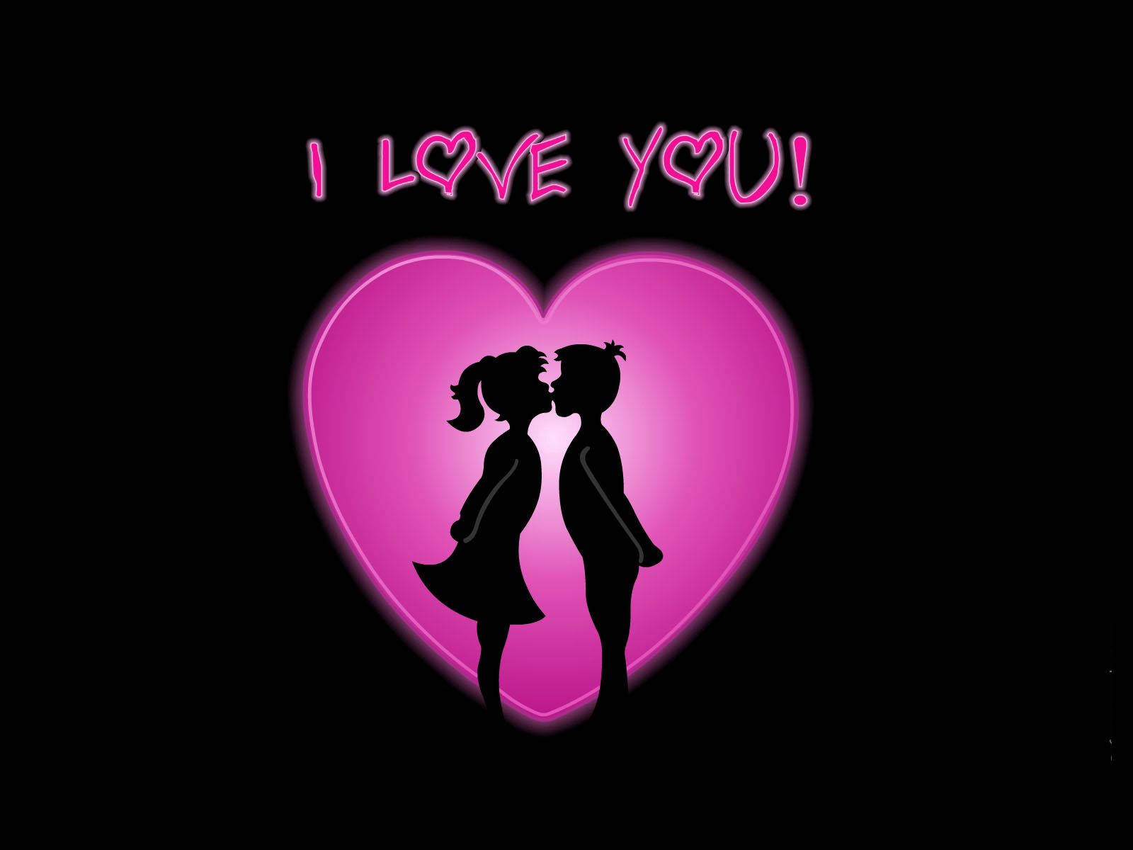 兩個剪影人物在發光粉紅色心形內接吻，帶有「I LOVE YOU!」文字。