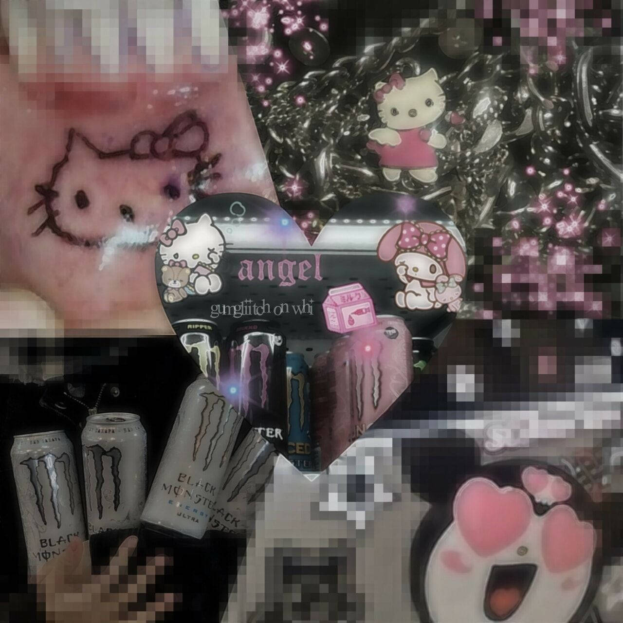 Hello Kitty 主題物品和 Monster Energy 飲品，帶有 Hello Kitty 紋身。