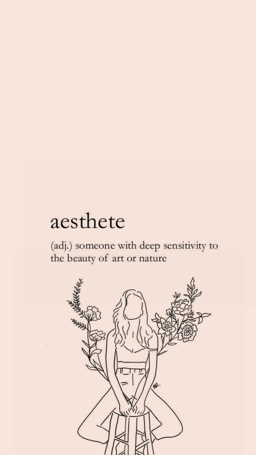 一幅坐姿人物與花朵的線條藝術插圖，標有 'aesthete' 及其定義。