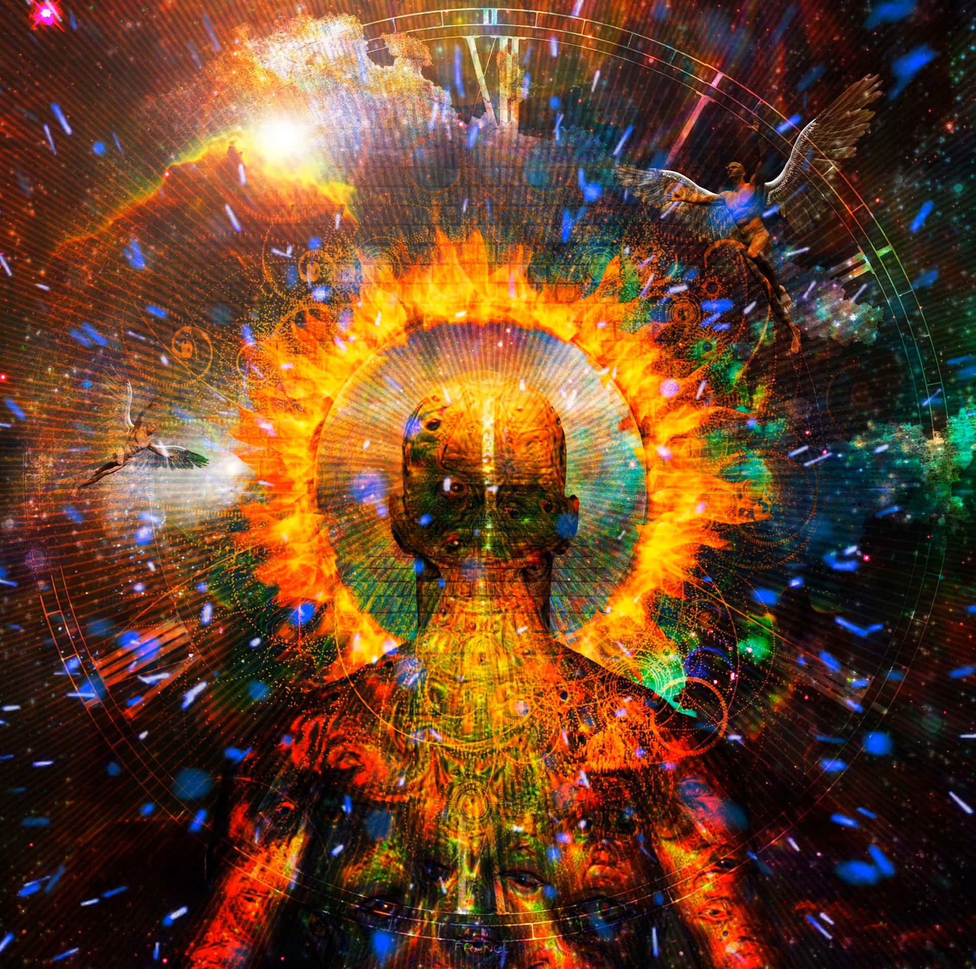 一個發光的人形身影，帶有火焰光環，被宇宙能量和漂浮的天使包圍。