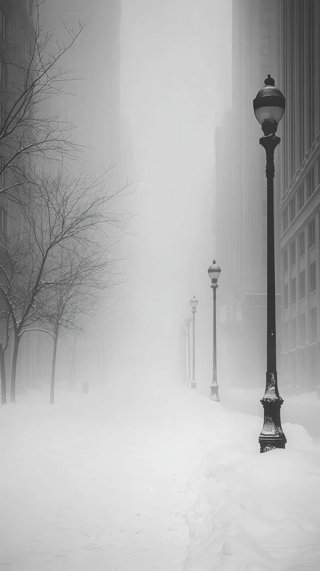 積雪街道，路燈和光禿樹木在高樓之間的霧中逐漸消失
