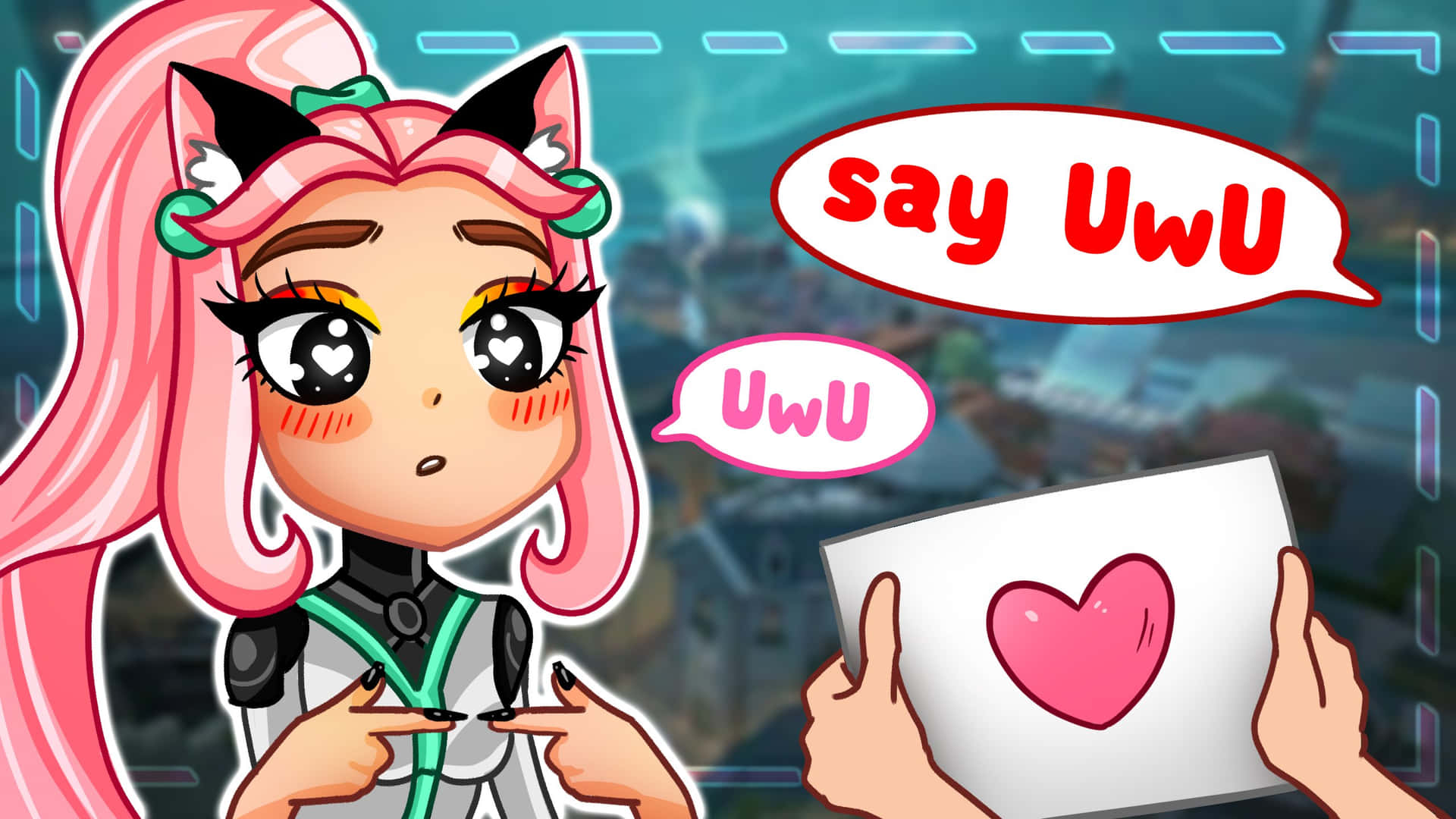 粉紅色頭髮和貓耳的女動漫角色拿著帶有「UwU」對話框的心形卡片。