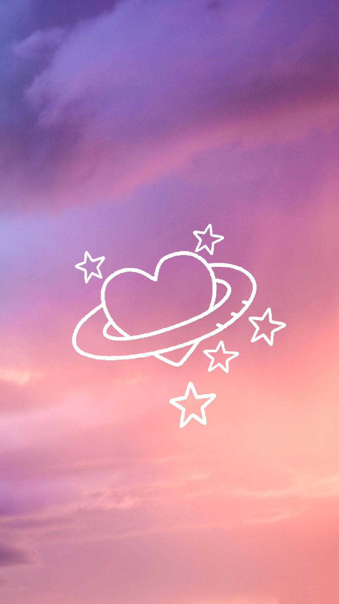 被愛環繞的星球 壁紙 — 一顆發光的白色心形行星，帶有光環和星星，漂浮在夢幻的粉紅色和紫色暮色天空中。