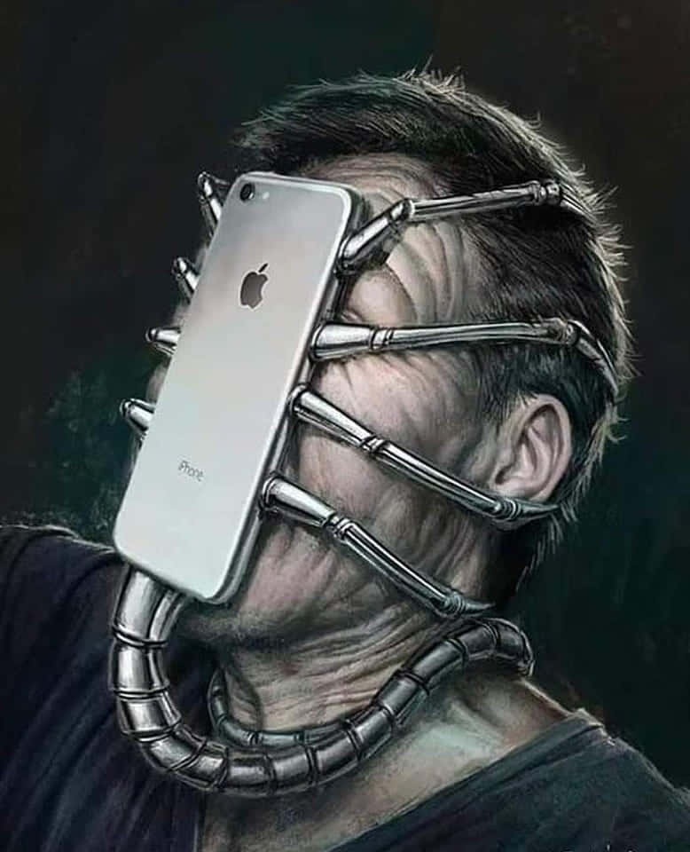 被手機上癮壓倒 壁紙 — 一個男人的臉與銀色iPhone融合，金屬觸鬚纏繞他的頭部和頸部，形成超現實的數碼藝術肖像。