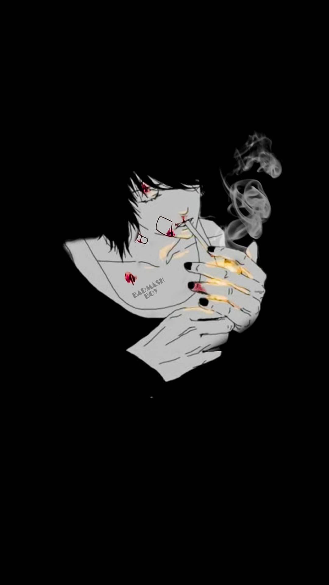動漫角色抽煙，煙霧在黑色背景上升起。