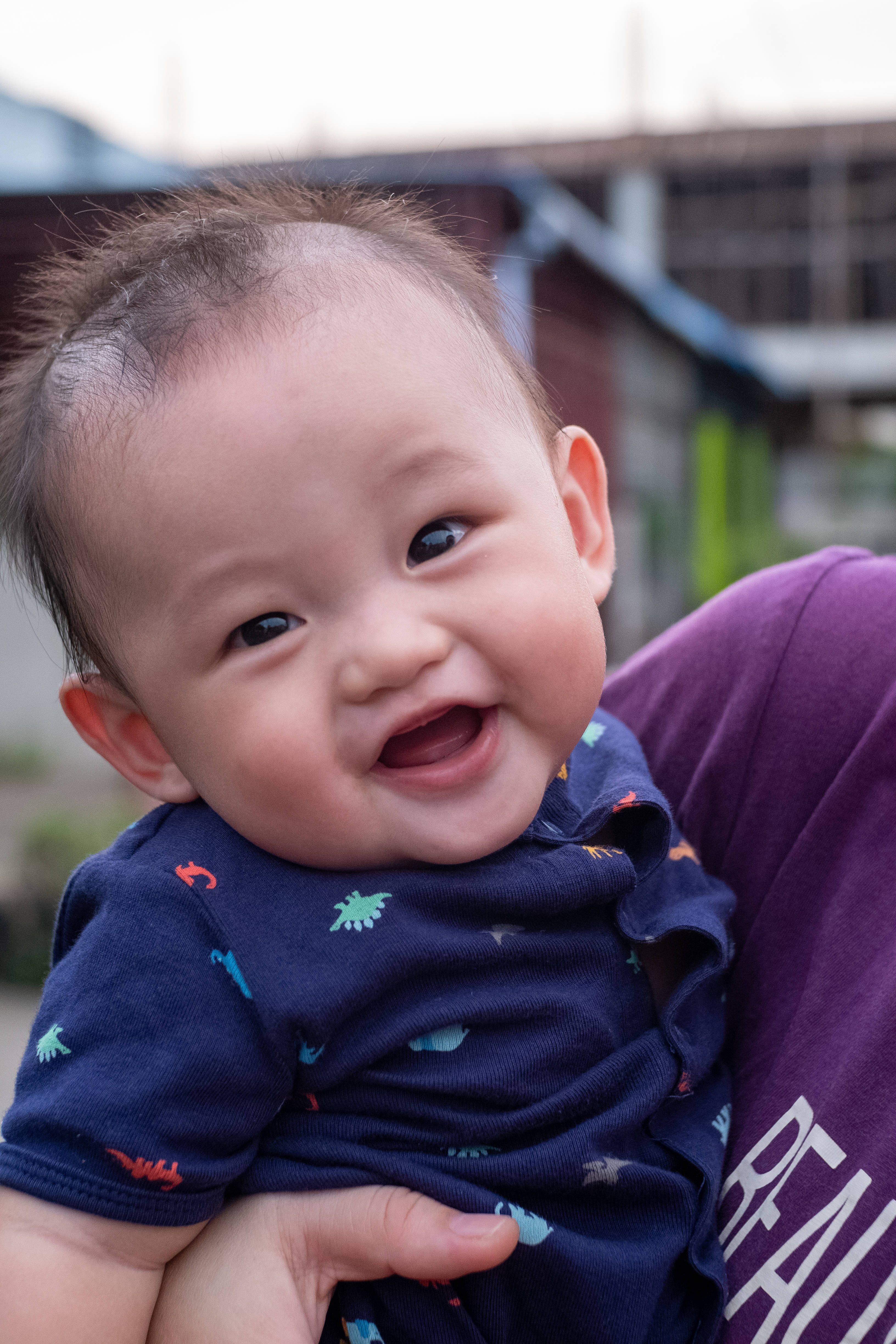 被抱在懷裡的可愛小男孩肖像 壁紙 — 一個快樂的嬰兒，深色眼睛和刺蝟頭，被抱著時笑容滿面，穿著帶有彩色恐龍圖案的深藍色襯衫。