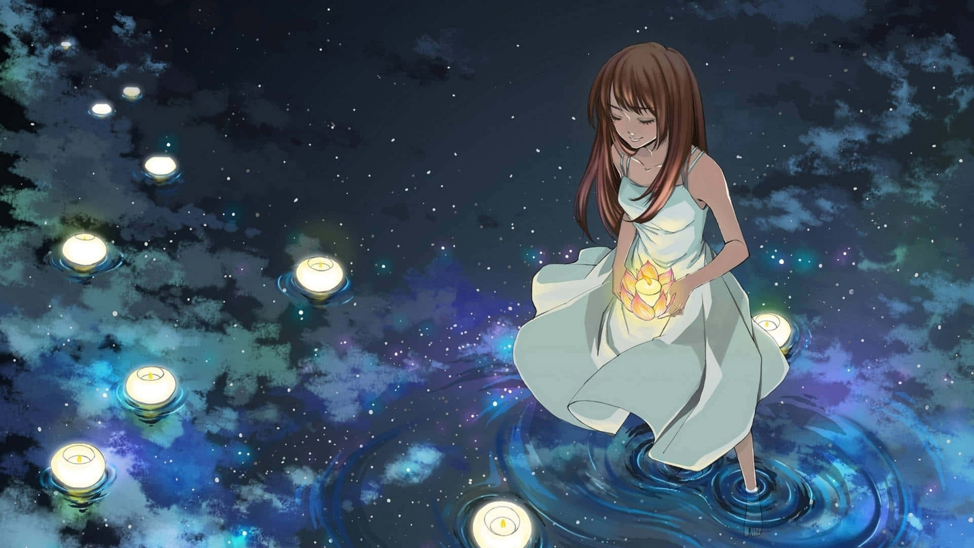 動漫女孩在星空宇宙水域中手持發光燈籠，周圍有漂浮蠟燭。