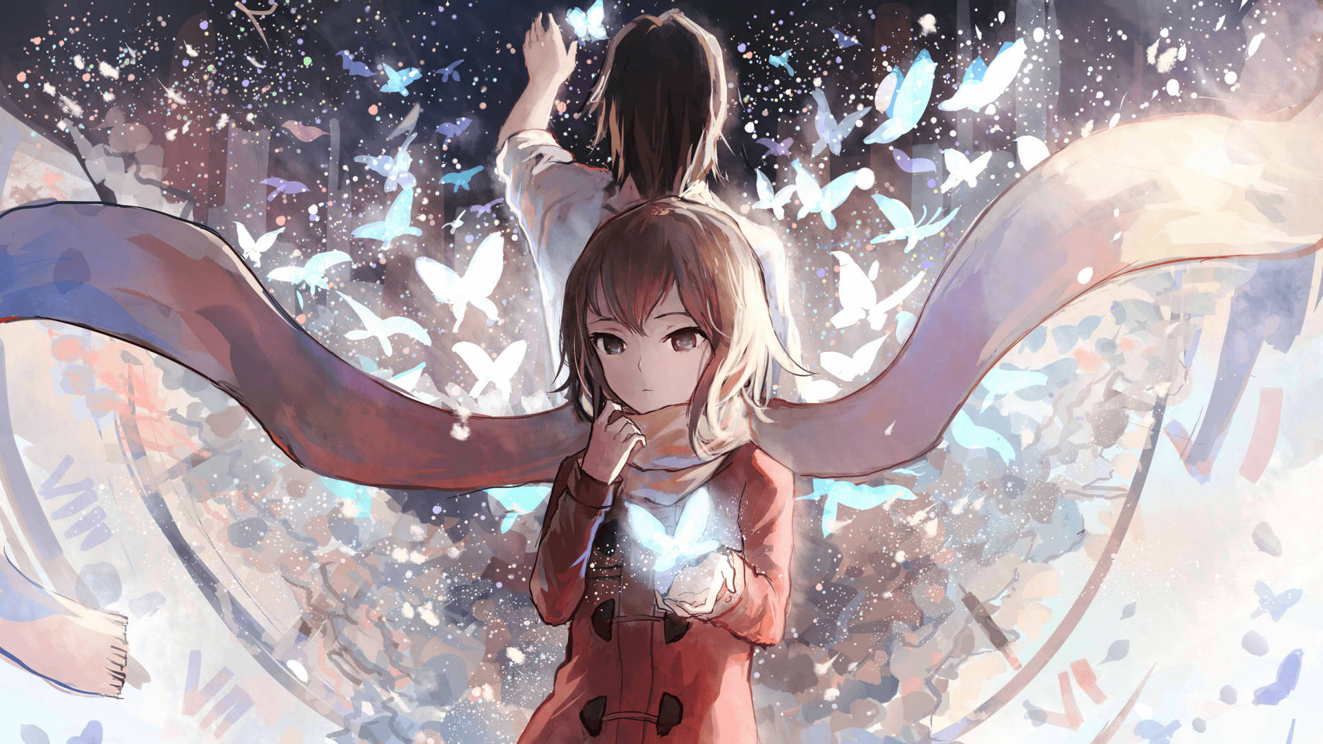 穿著紅色外套的動漫女孩手持發光球體，蝴蝶在她周圍盤旋。 — 唯美蝴蝶動圖 壁紙