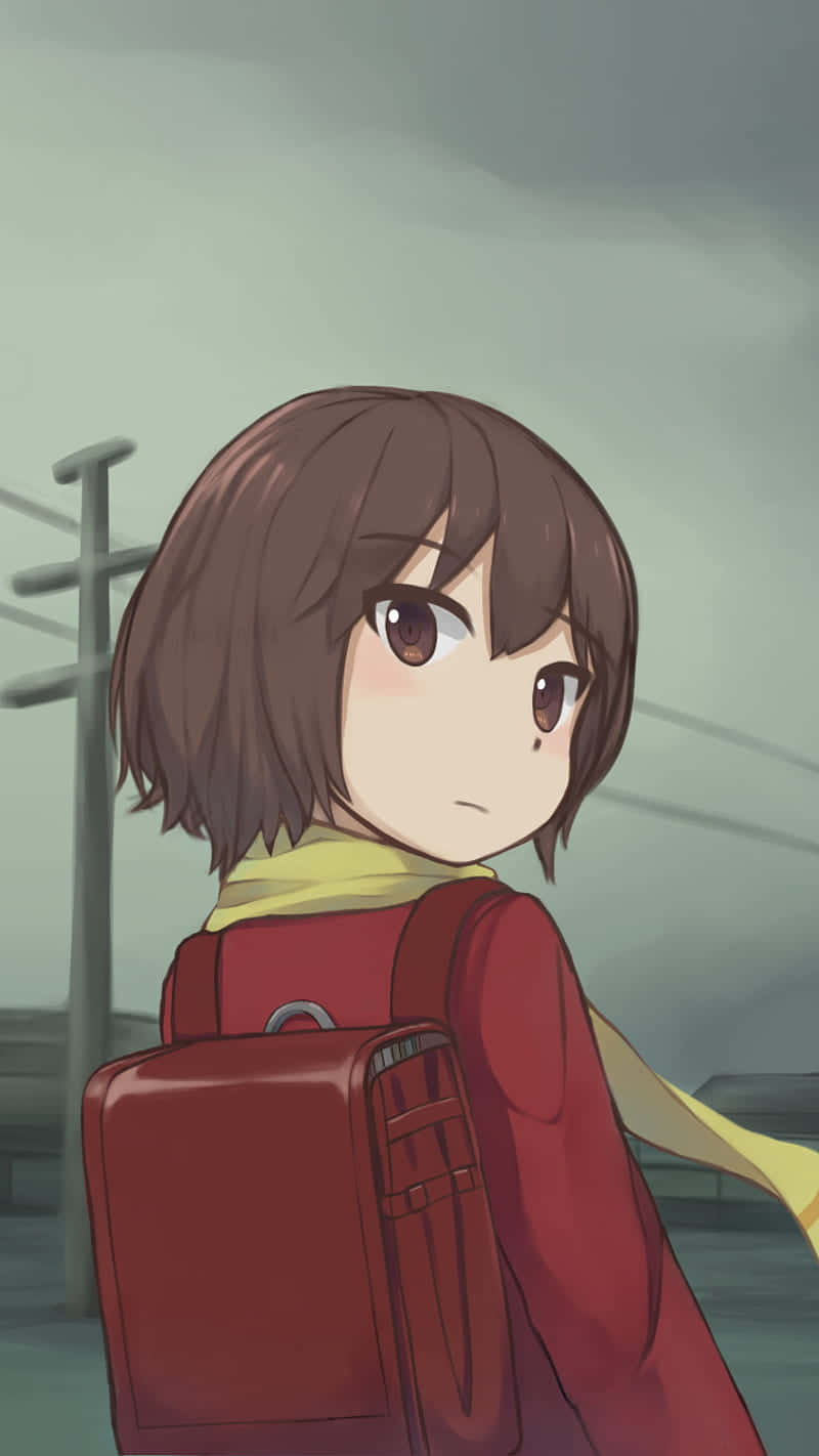 短棕色頭髮、背著紅色背包的動漫女孩回頭看。