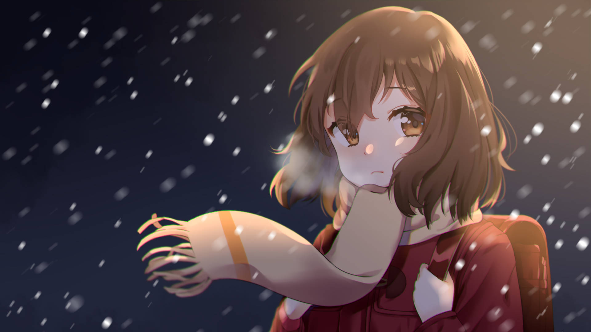 《被抹去的名喚》寒夜中的羽月香 壁紙 — 一個年輕的動漫女孩，棕色頭髮和溫暖的眼睛，在寂靜的冬夜裡，雪花飄落在她周圍，她溫柔地凝視著。