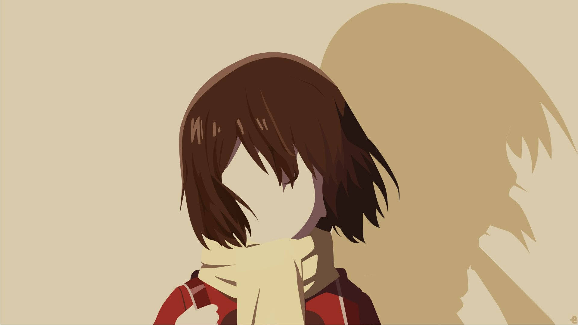 《被抹去的名喚》極簡風格少女海報 壁紙 — 一個極簡風格的動漫女孩，棕色頭髮，紅色上衣，在純米色背景前將臉藏在米色圍巾中。