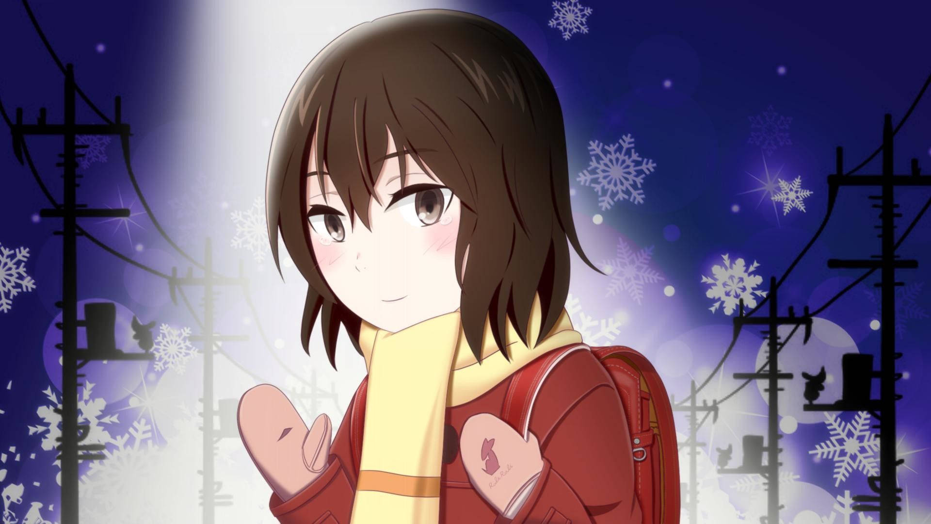 《被抹去的名喚》系列中的佳穂日向 壁紙 — 一個開心的動漫女孩，穿著紅色外套和黃色圍巾，在雪夜背景下微笑，背景有發光的雪花和剪影的電線。