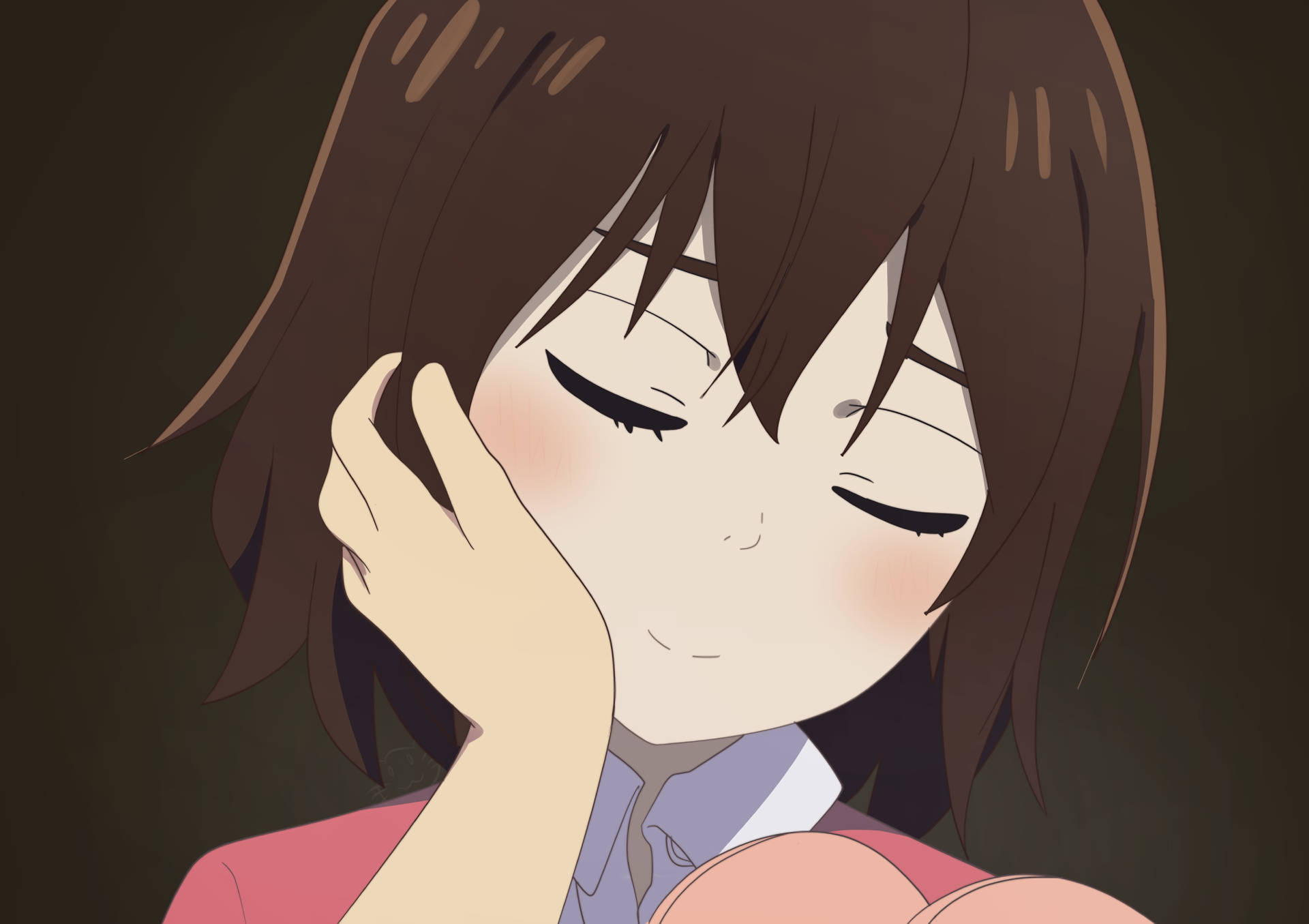 《被抹去的名喚》羽月香特寫 壁紙 — 一個可愛的動漫女孩，棕色頭髮，在黑暗背景下害羞地微笑，同時觸摸臉頰。