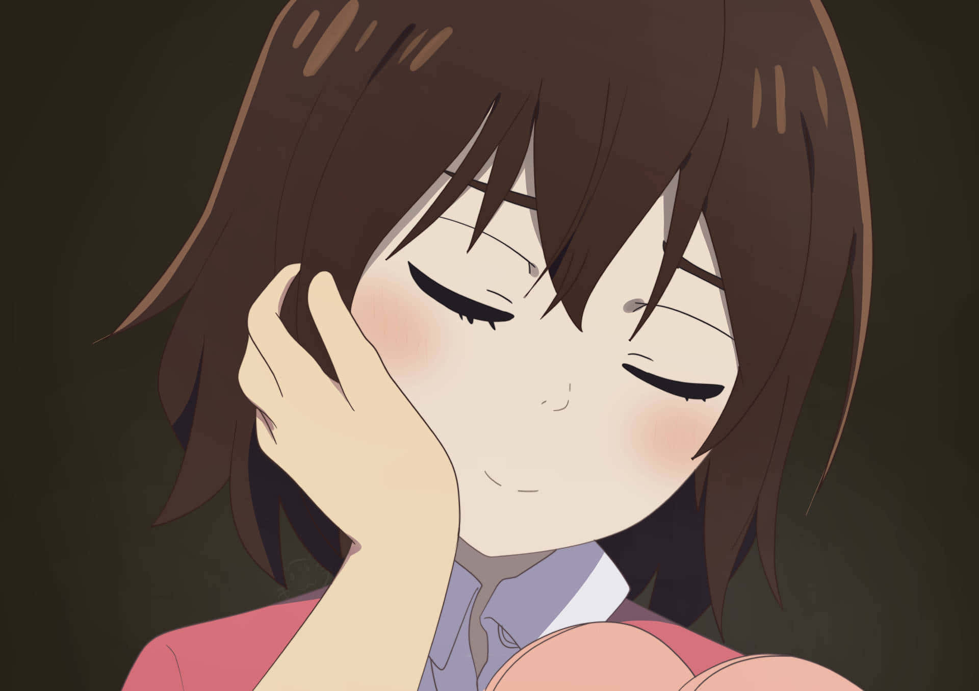 棕色頭髮的動漫女孩，觸摸臉頰，溫柔微笑。