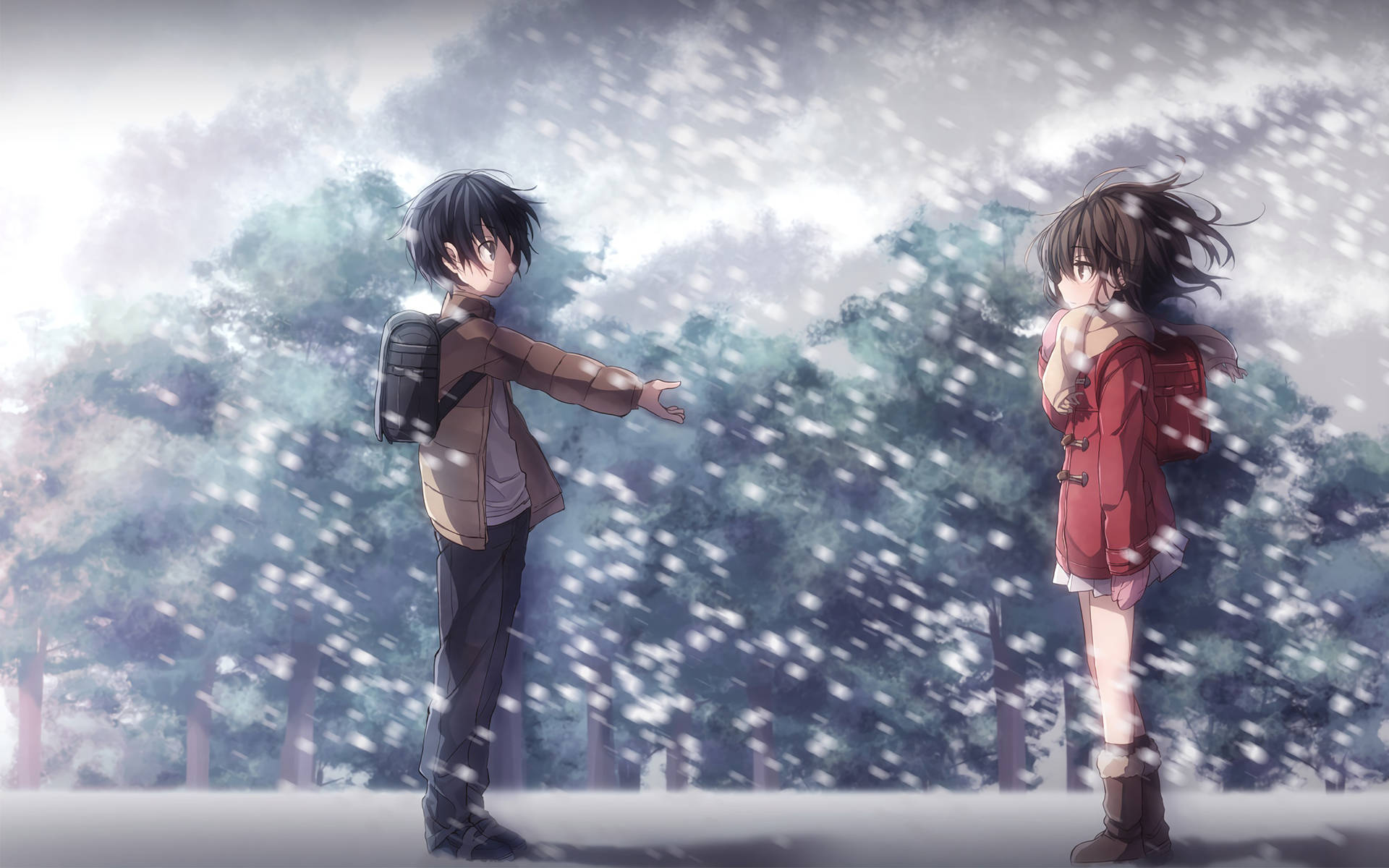《被抹去的名喚》雪林中的男女 壁紙 — 兩個動畫青少年站在雪地森林中，雪花在他們周圍飄落，其中一個向另一個伸出手。
