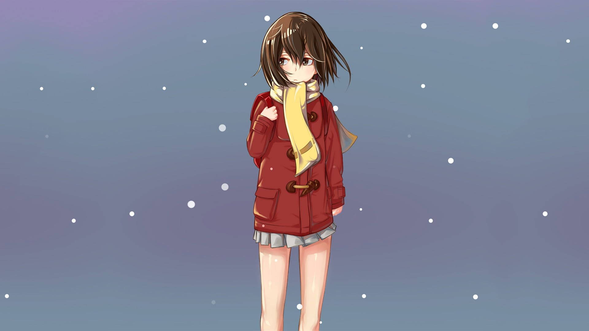 《被抹去的名喚》電影中的女性角色 壁紙 — 一個穿著紅色外套和黃色圍巾的年輕動漫女孩，站在柔和的紫藍色天空下，雪花飄落。