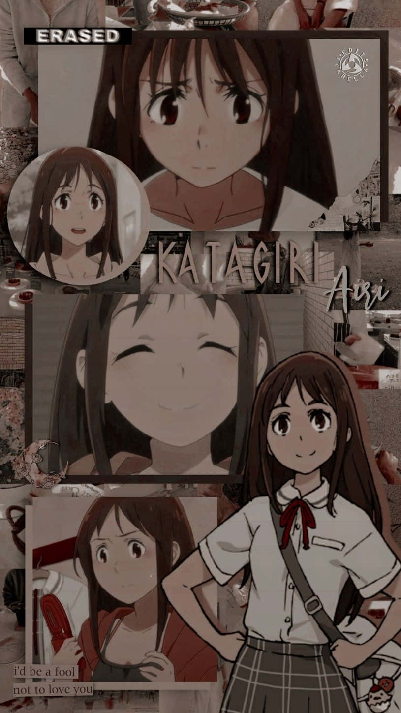 懷舊色調拼貼畫中的動畫女孩片桐愛梨穿著校服。