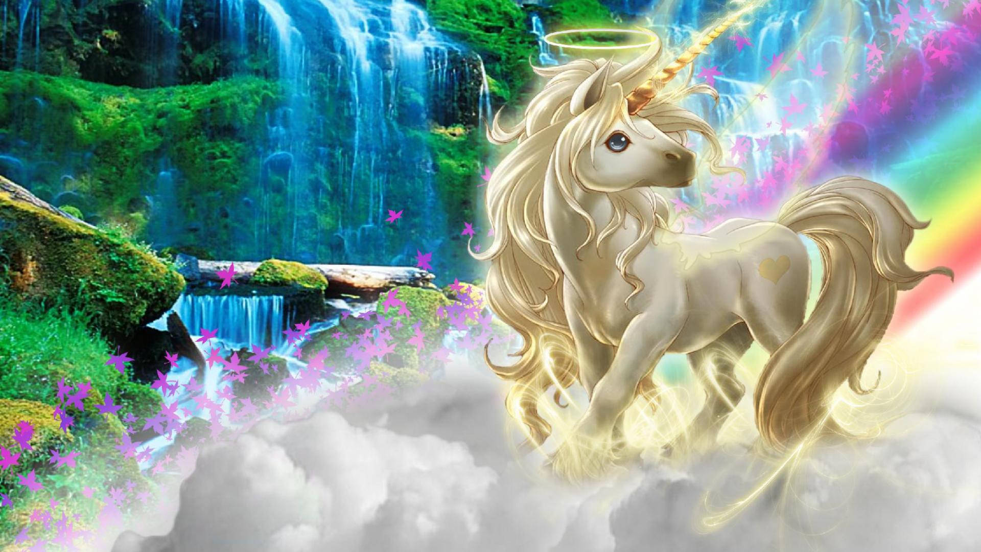 一頭發光的獨角獸站在瀑布附近的雲端上，伴隨著彩虹光和紫色花朵。