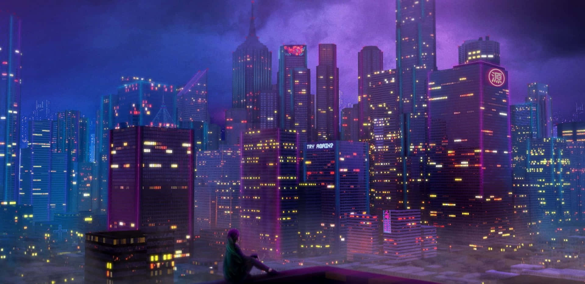 人坐在屋頂上凝視夜晚發光的未來城市