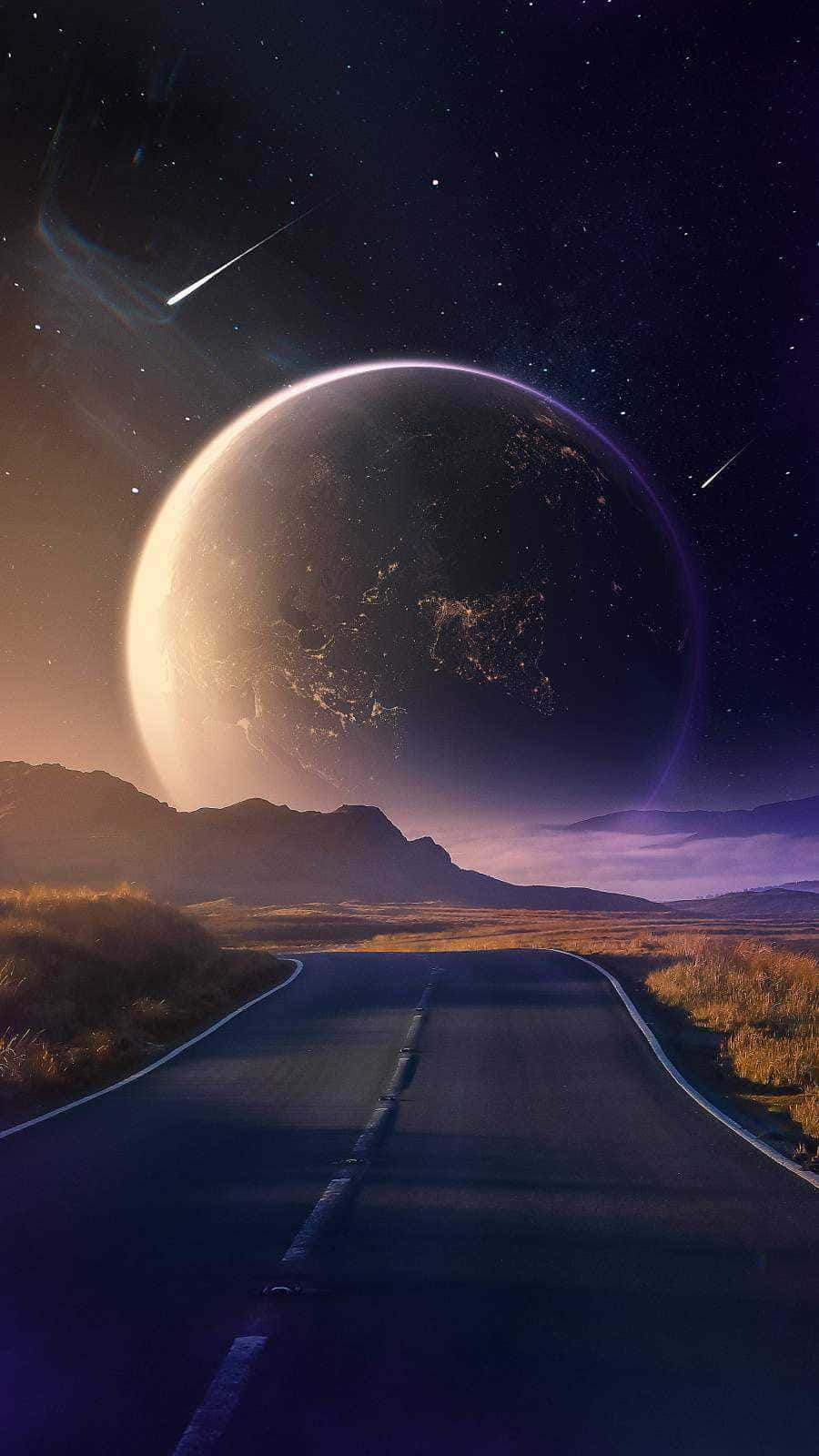 一條道路通向一顆巨大的發光行星，在繁星點點的天空下，伴有流星。
